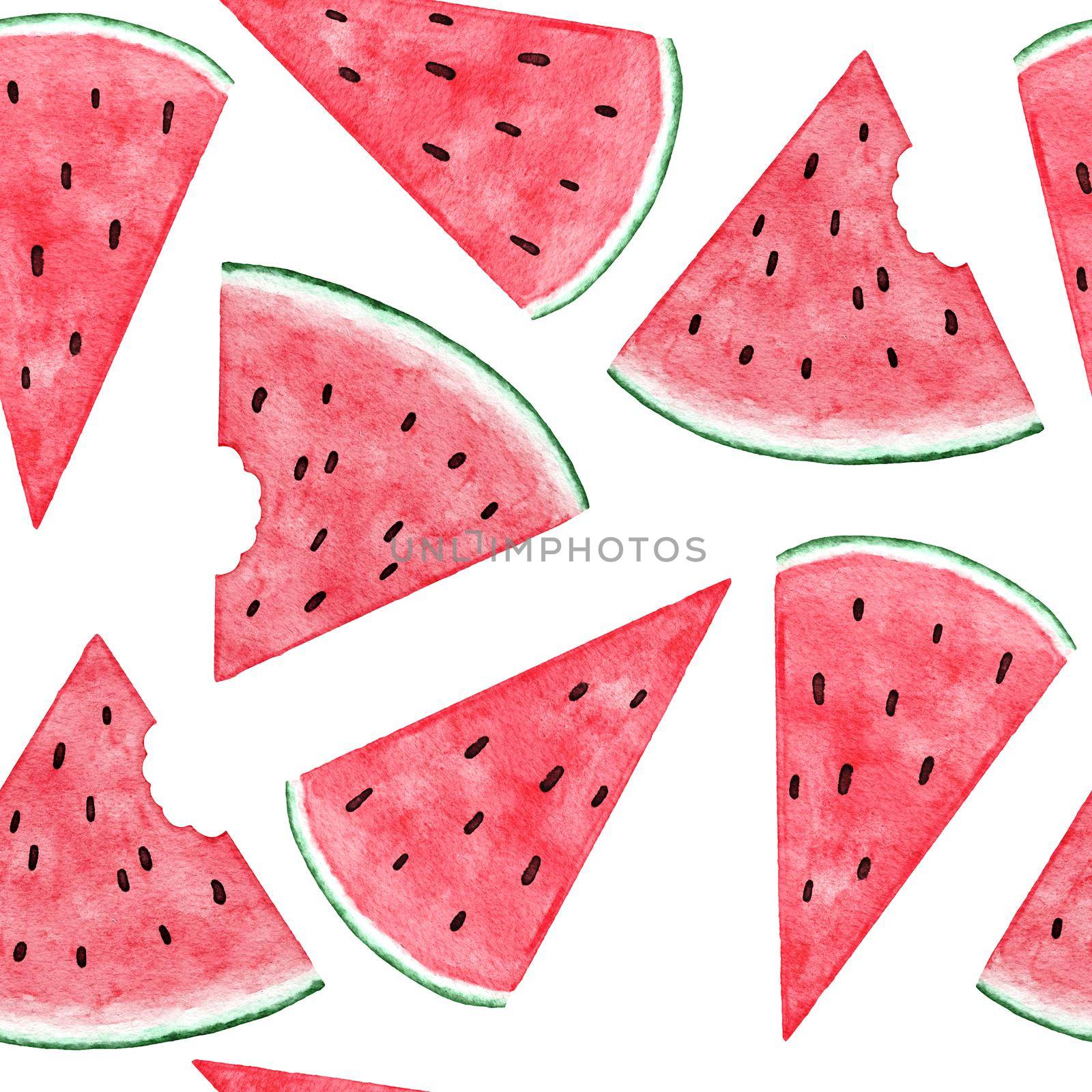 Watercolor hand drawn seamless pattern with watermelon fruit, red green tropical food, bright summer holiday background. Juicy frech natural plant design with geometric elements