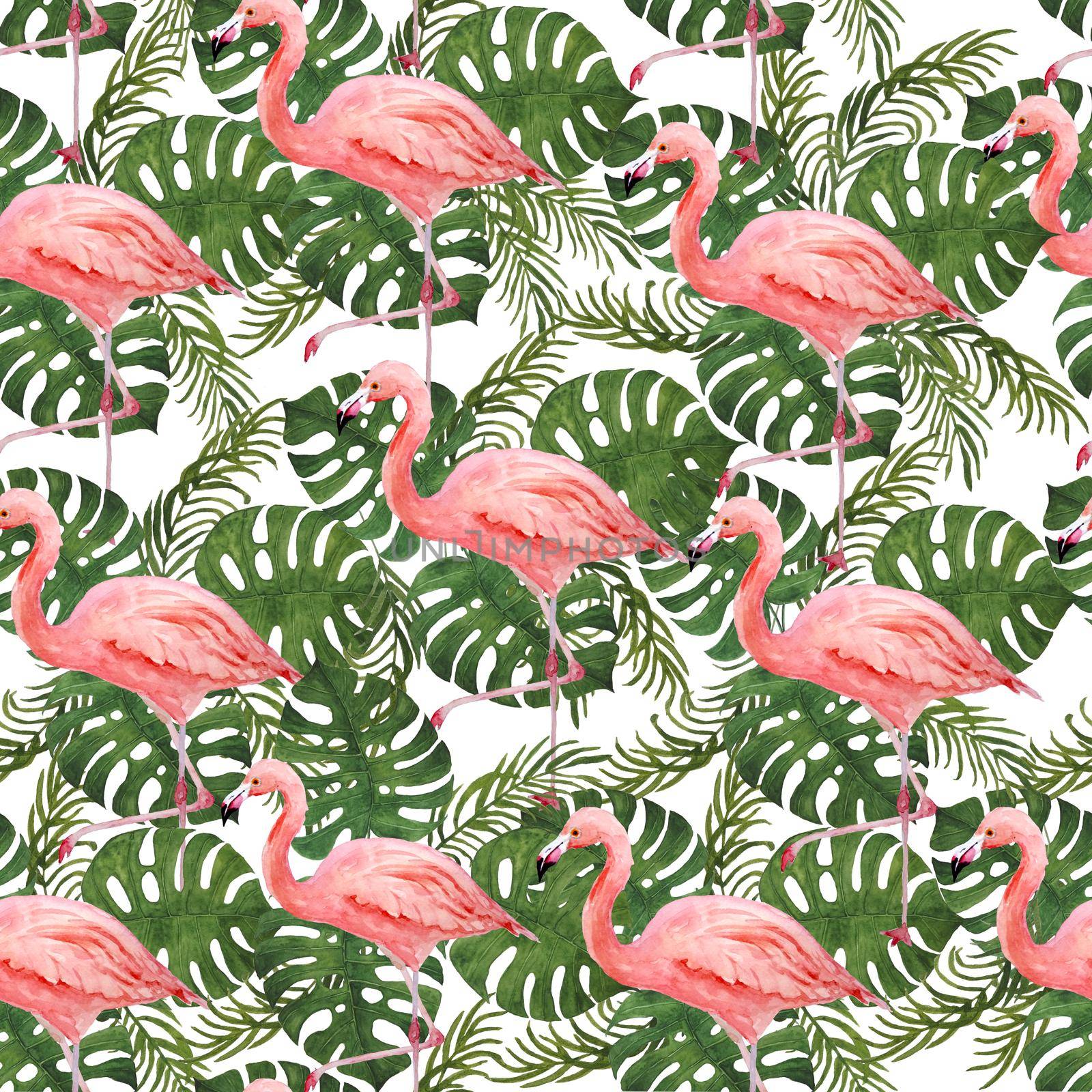 Watercolor hand drawn seamless pattern pink flamingo bird and tropical green monstera palm jungle leaves on background. Summer vacation holiday concept. Print for card invitation t-shirt decor textile. by Lagmar
