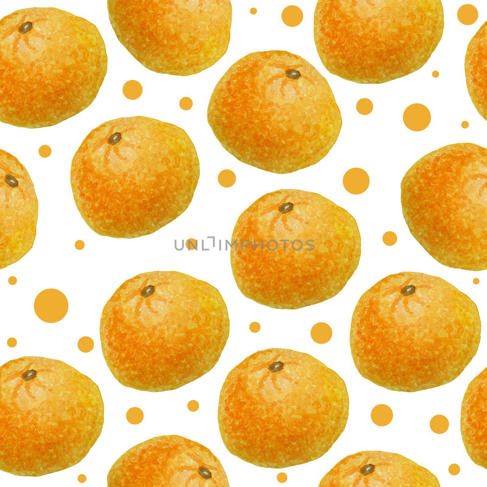 Watercolor hand drawn seamless pattern illustration of bright orange tangerine mandarine citrus fruits with polka dot circles background. For food organic vegetarian labels, packaging. Natural trendy design. by Lagmar