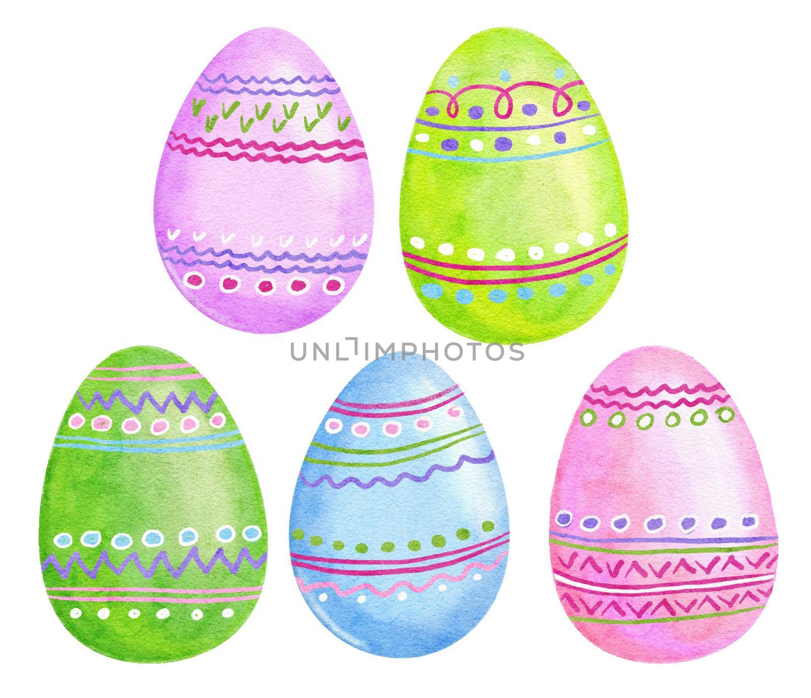 Watercolor hand drawn Easter eggs illustration with green blue pink pastel colors,. Spring april religious holiday concept. Catroon style print for invitations cards