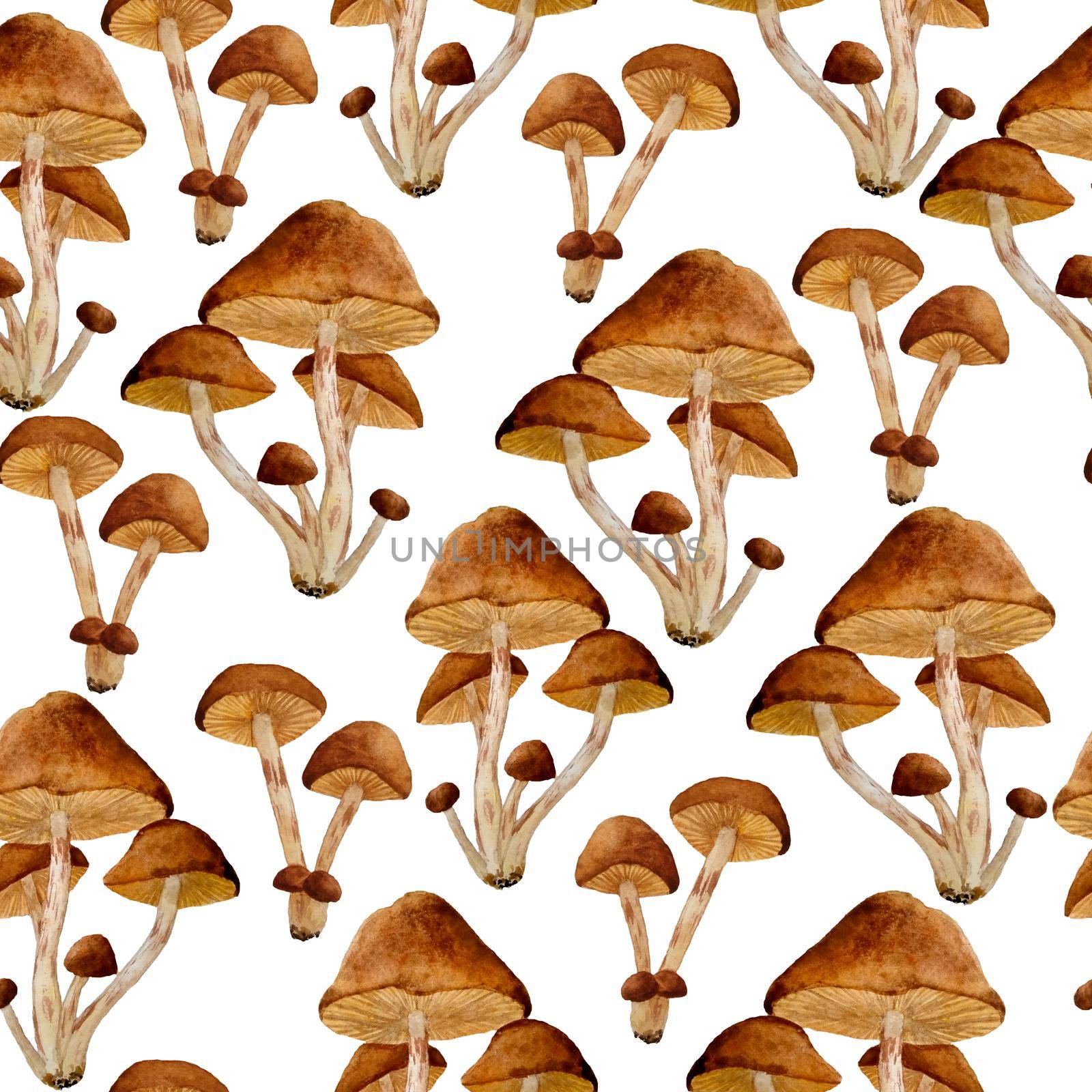 watercolor hand drawn seamless pattern poisonous dangerous mushroom illustration of webcap fungi. Brown ochre caps dark dry leaves in fall autumn forest wood woodland nature Halloween scrapbook design. by Lagmar