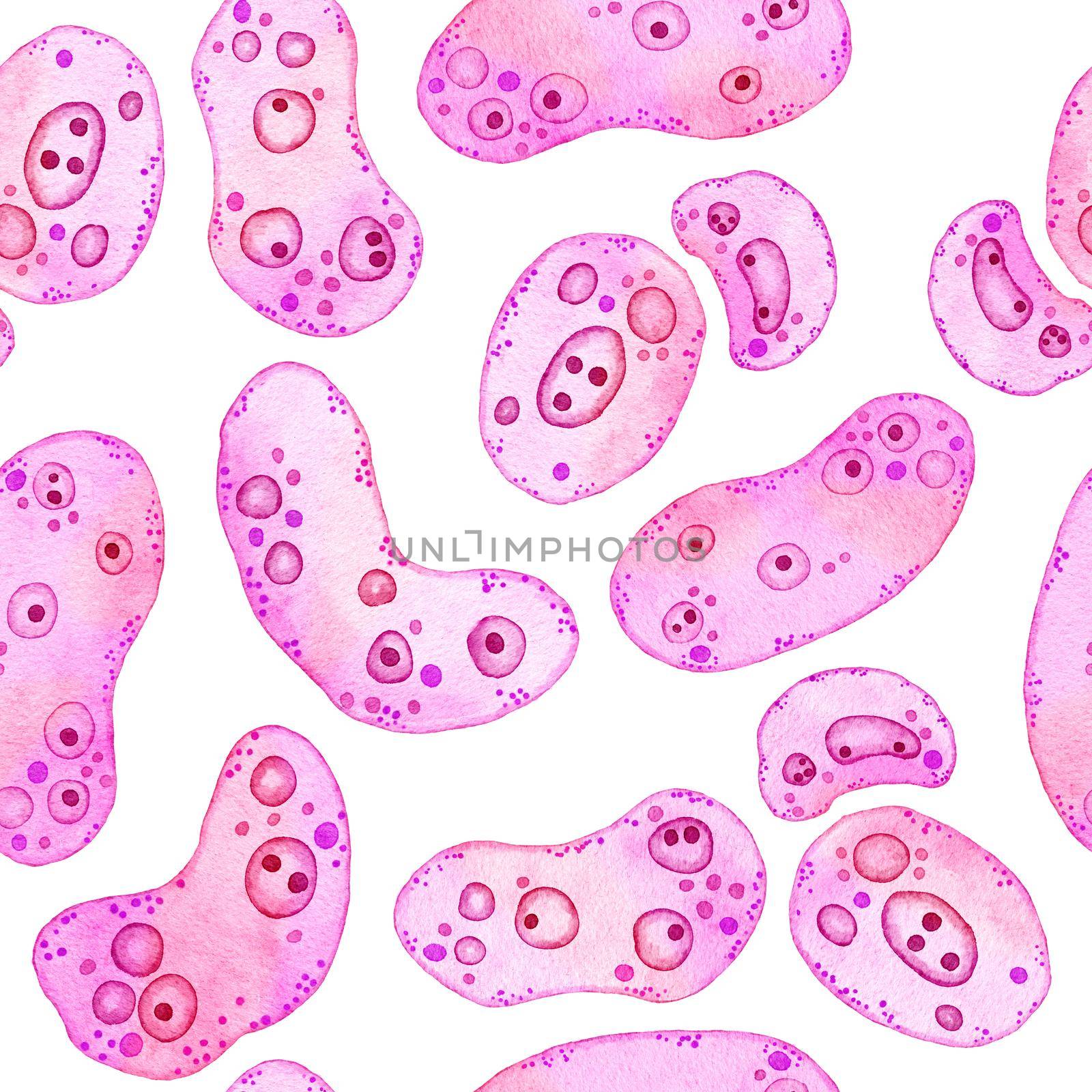 Watercolor seamless pattern of pink purple cells microalgae microorganisms, microscope bio algae. Concept for cosmetics medicine healthcare print design. Pastel ameoba bacteria, soft oval round shape. by Lagmar