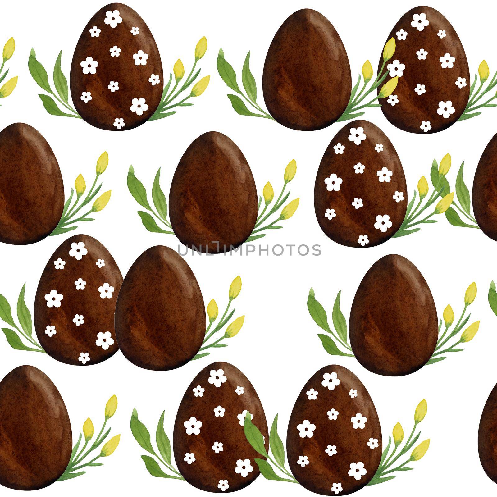 Watercolor seamless pattern with chocolate Easter eggs grass buttercup flowers and leaves. Easter hunt celebration brown design. Spring season background with religious Christian symbols. by Lagmar