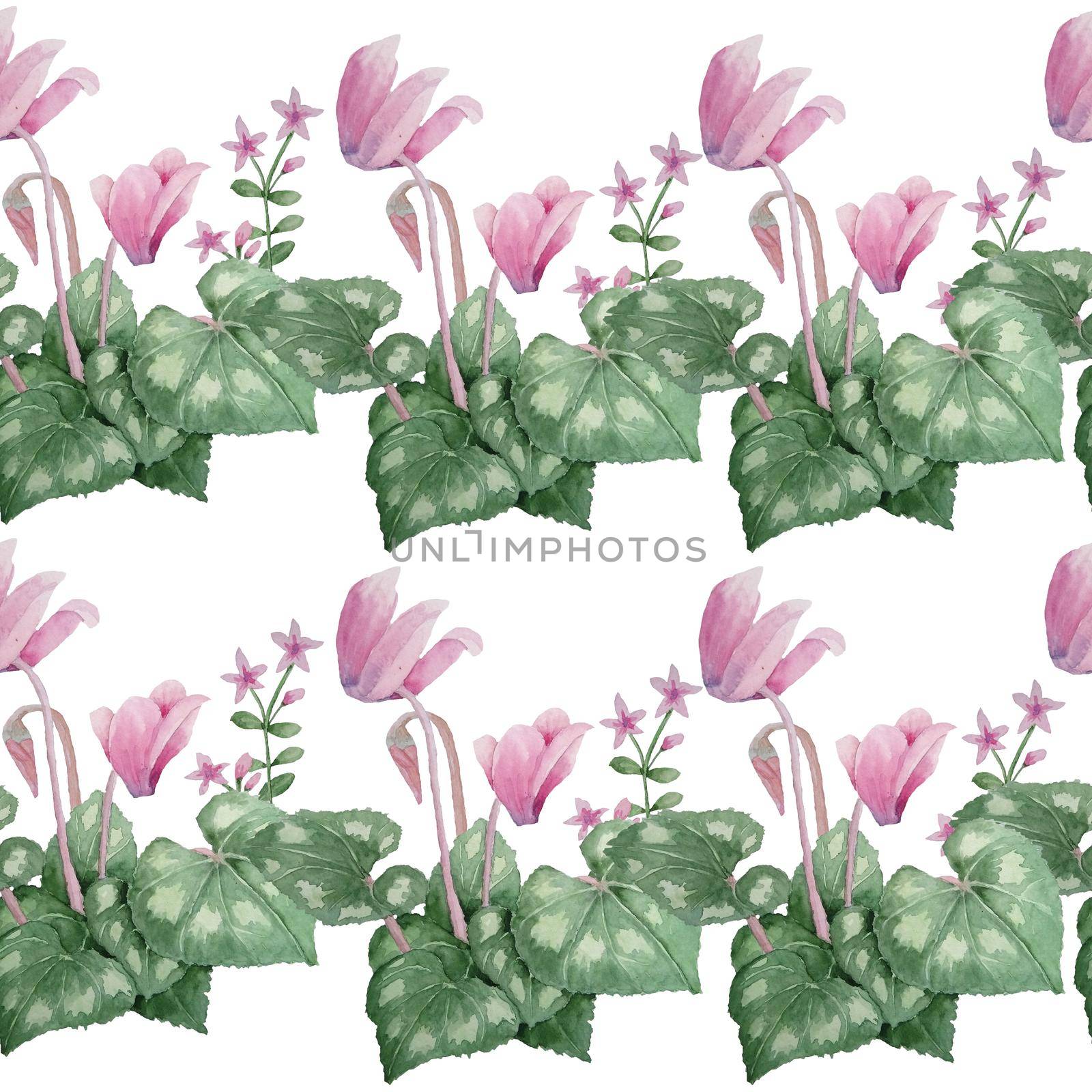 Watercolor hand drawn seamless pattern illustration of pink violet purple cyclamen wild flowers. Forest wood woodland nature plant, realistic design leaves petals. For wedding cards, invitation. by Lagmar