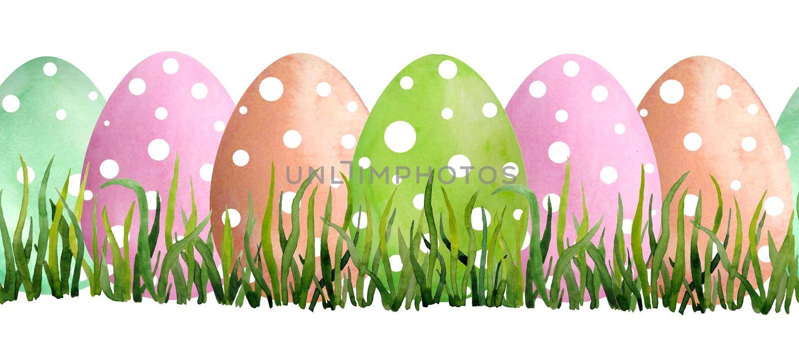 Seamless horizontal hand drawn watercolor border with grass Easter holiday orange green mint and pink polka dot eggs. Eco Natural organic ecological illustration for celebration. Vivid bright blades of grass meadow plants.