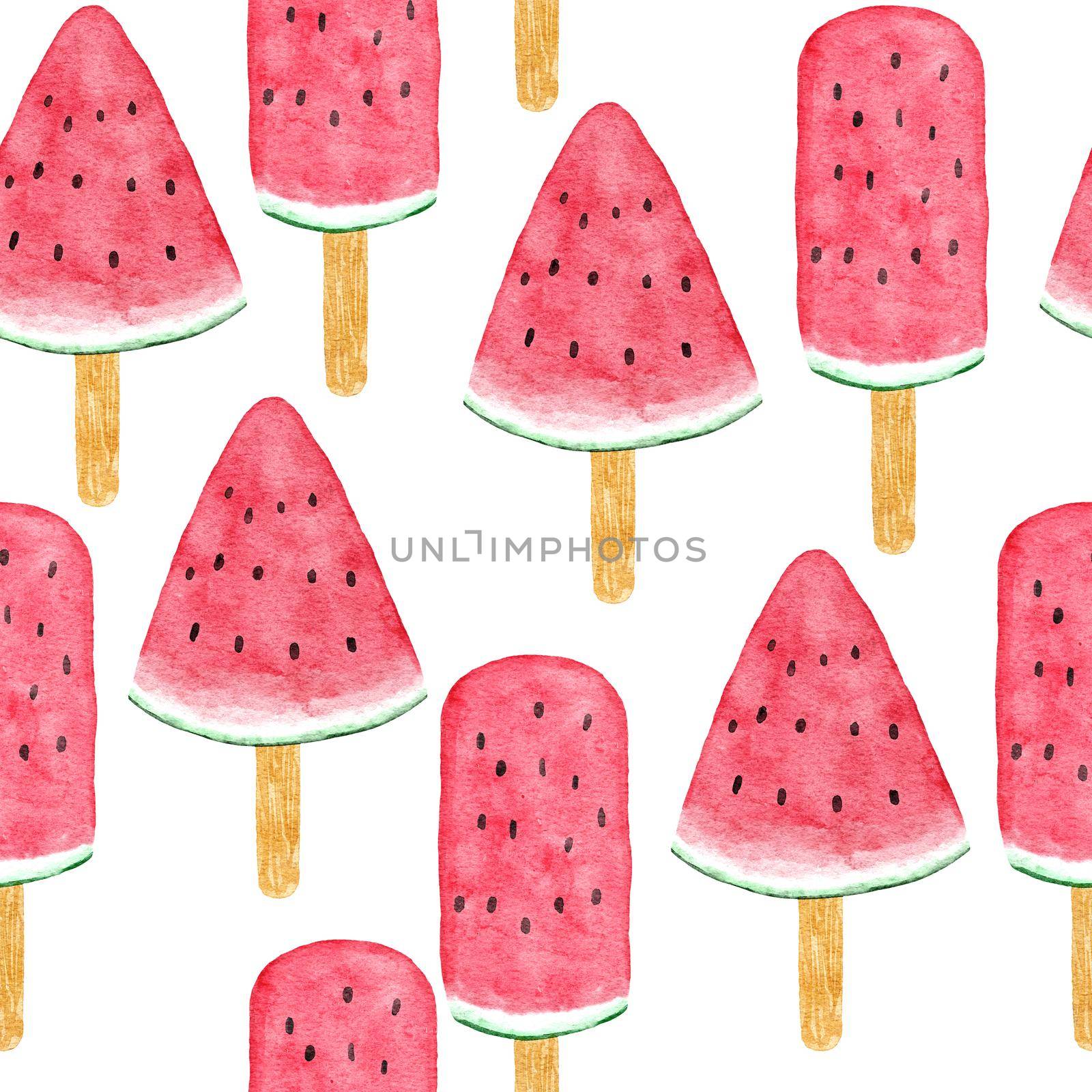 Watercolor hand drawn seamless pattern with watermelon ice cream fruit, red green tropical food, bright summer holiday background. Juicy frech natural plant design with geometric elements. by Lagmar