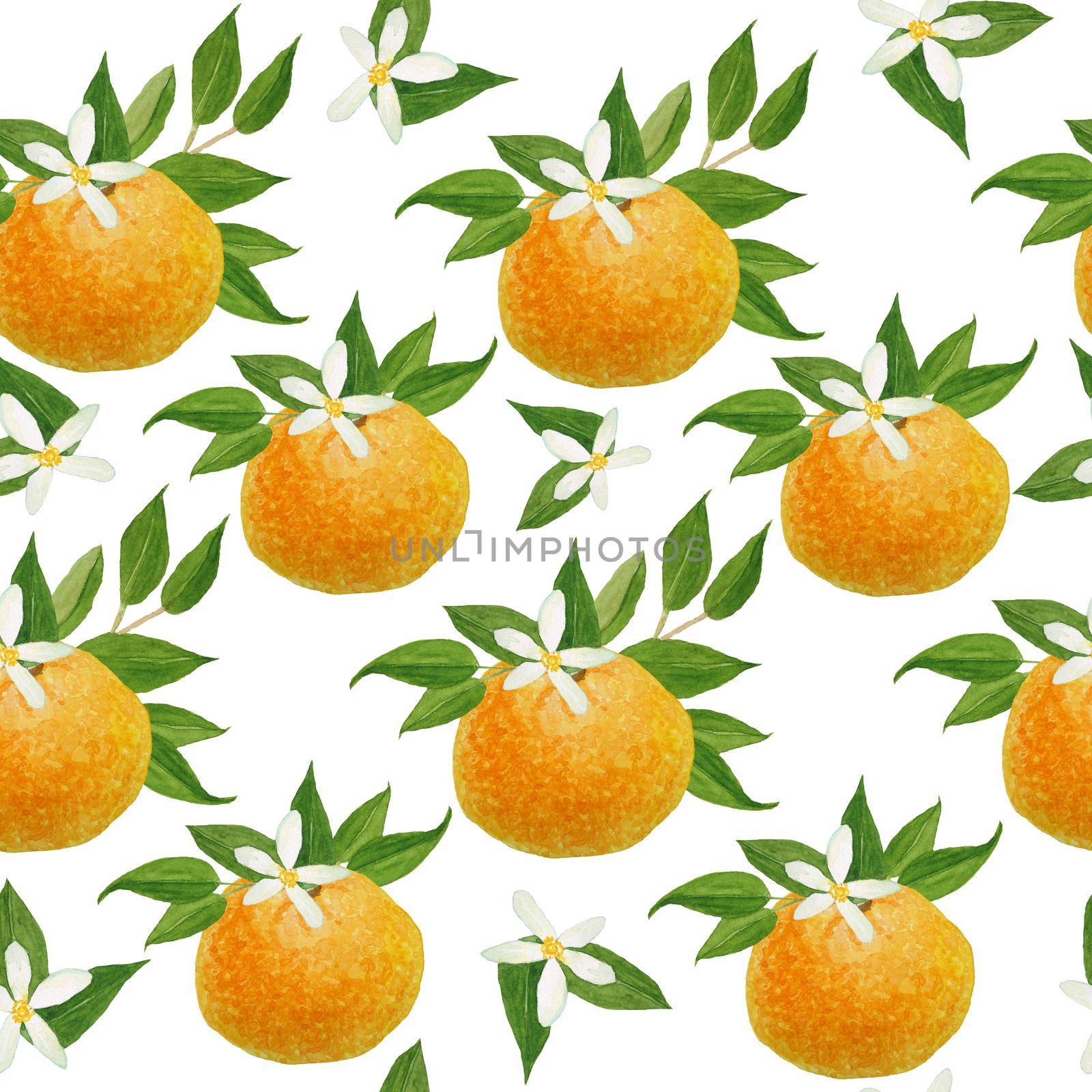 Watercolor hand drawn seamless pattern illustration of bright orange tangerine mandarine citrus fruits with vibrant green leaves flowers. For food organic vegetarian labels, packaging. Natural design trendy. by Lagmar