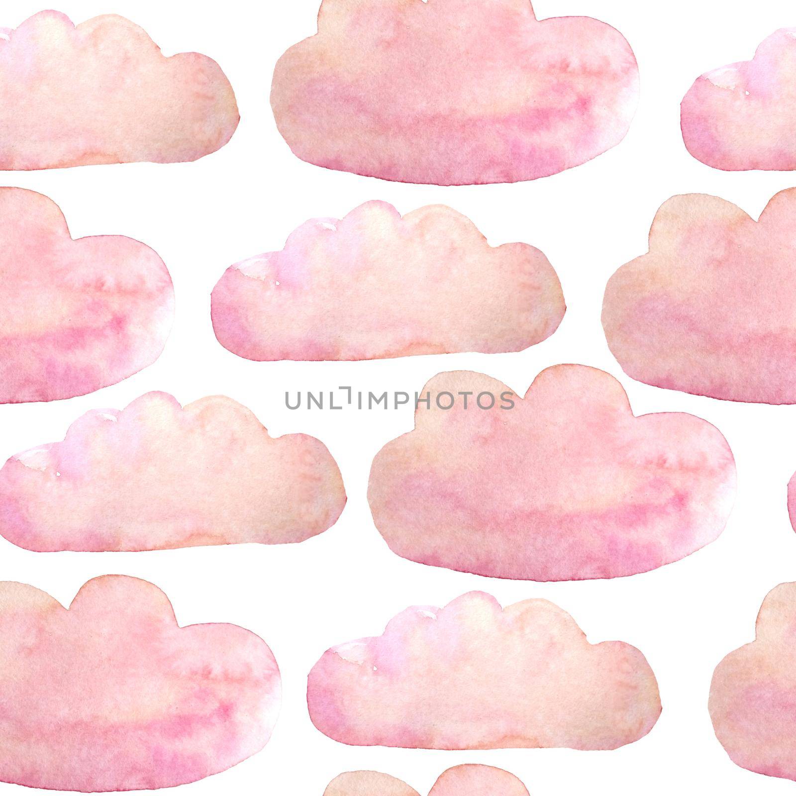 Seamless watercolor hand drawn pattern with blush pink clouds. Soft pastel colors for textile design wallpaper baby shower illustration invitation cards posters. Children kids sleeping clothes funny doodle