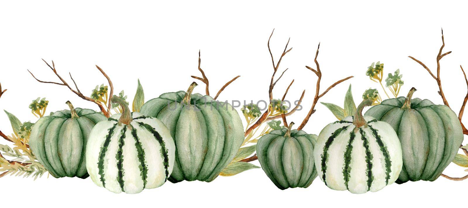 Watercolor hand drawn horizontal border illustration of green neutral pumpkins, wood forest leaves and brown branches. For Halloween thanksgiving design in soft minimalism elegant style, woodland nature. by Lagmar