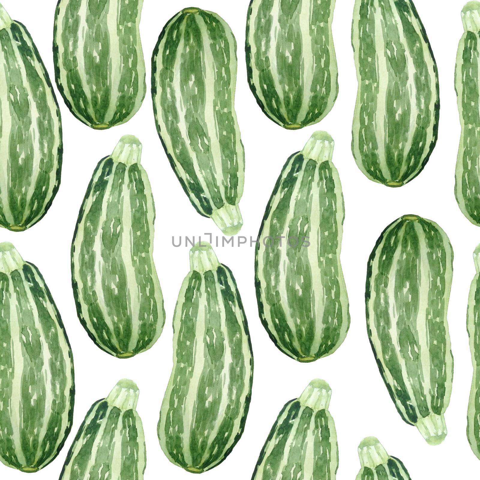 Seamless watercolor hand drawn pattern with green zucchini courgette, farmers organic natural ripe vegetables. Vegetarian vegan design kitchen cooking textile menu labels wallpaper. Labels for harvest produce. by Lagmar