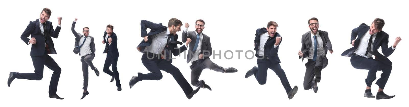 in full growth. two cheerful dancing business people. isolated on white background.