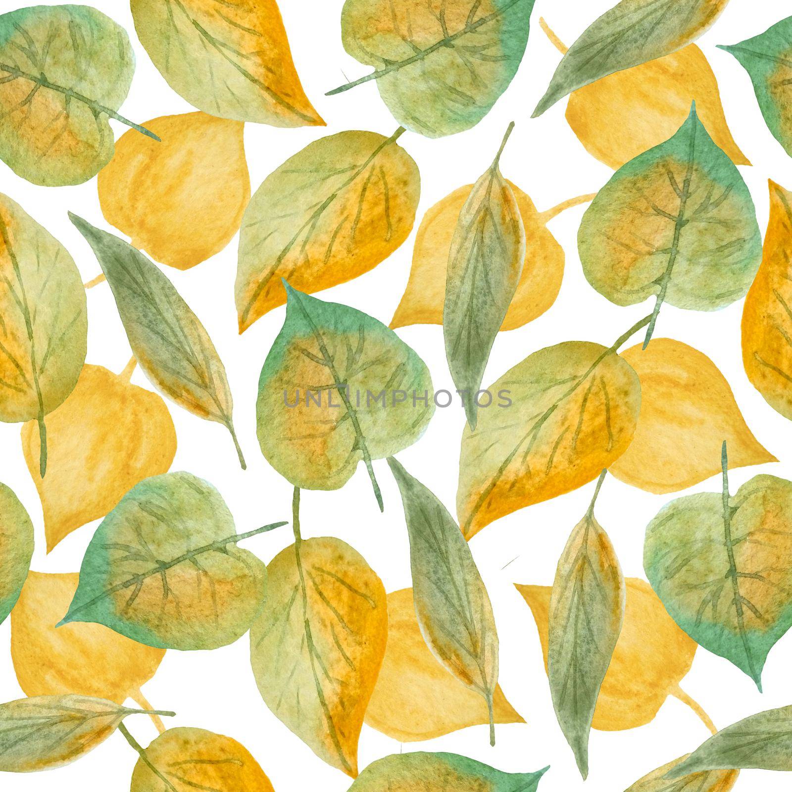 Seamless hand drawn watercolor pattern with green yellow wild herbs leaves in wood woodland forest. Organic natural plants, floral botanical design for wallpapers textile wrapping paper. Fall autumn season. by Lagmar