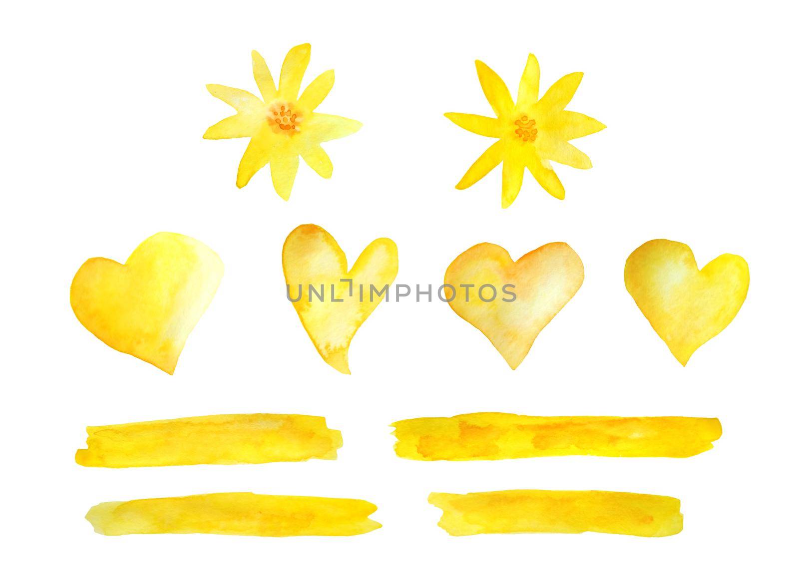 Set of watercolor hand drawn design elements, hearts stripes lines daisy flowers. Illustration in warm sunny yellow orange colors. For st valentine romantic love, blossom summer wedding decoration. by Lagmar