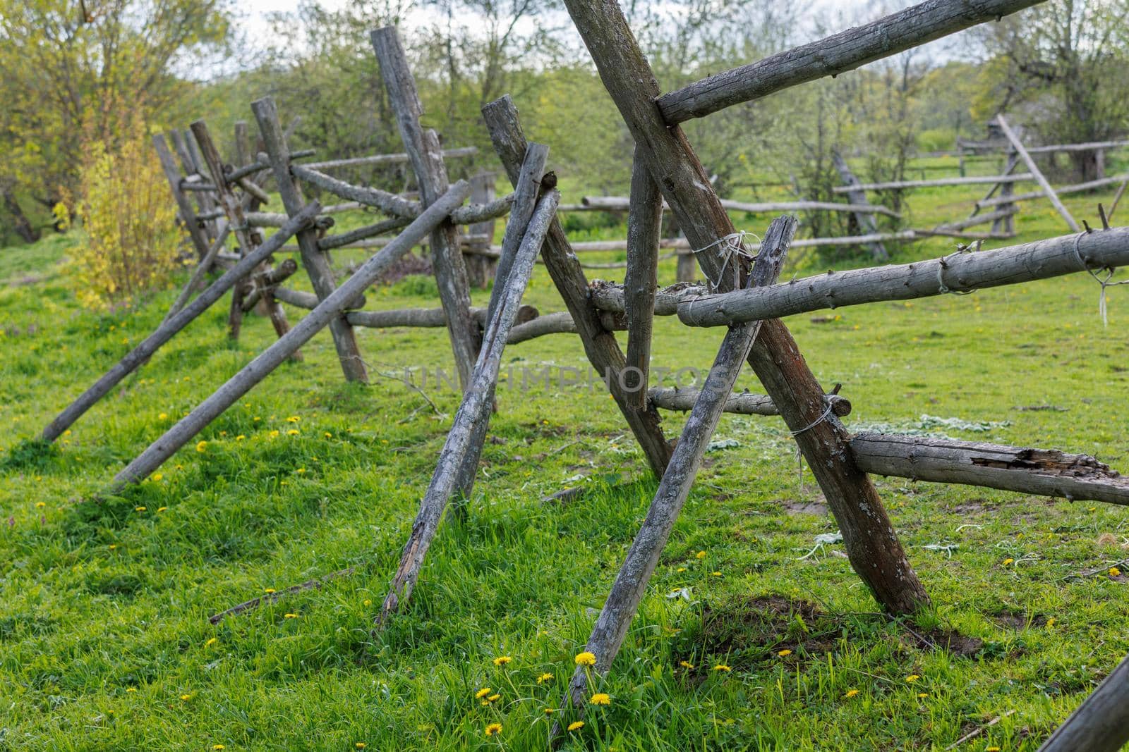 rustic gray thin log fence at summer day - close-up with selective focus and blurry empty horse paddock in the background
