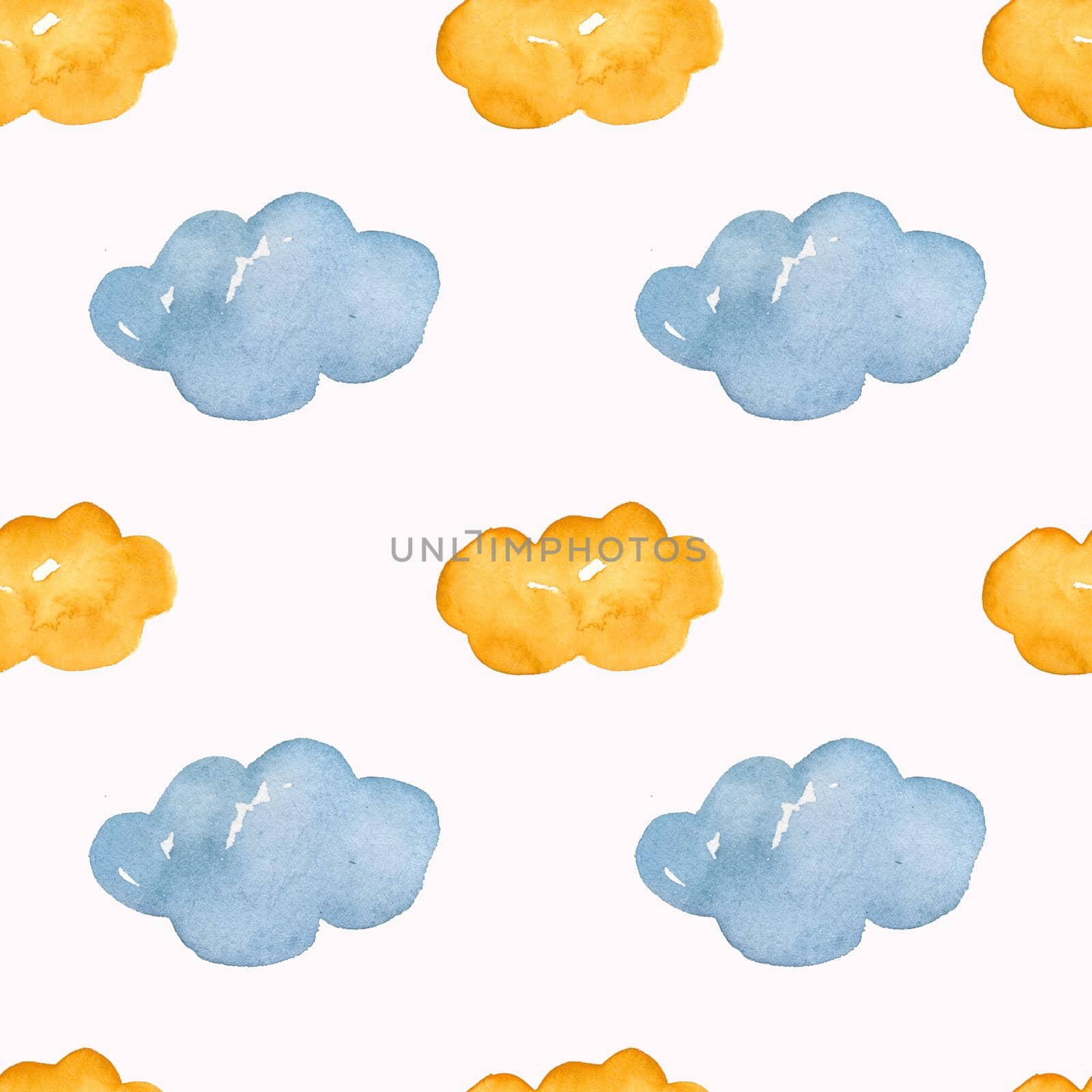 Seamless pattern for baby room clouds are blue and yellow. Bright positive watercolor drawing for fabric, wallpaper, packaging