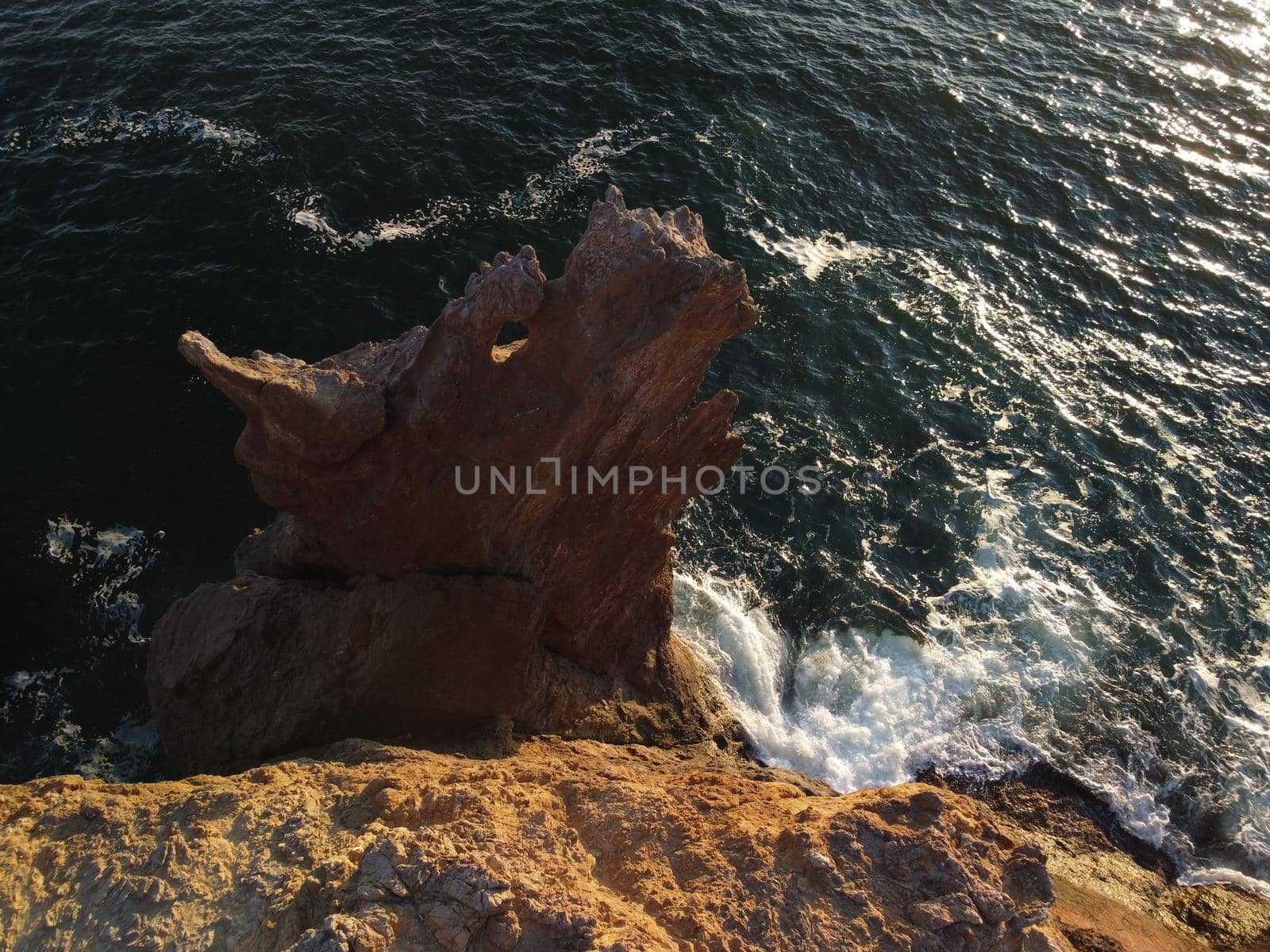 The rock or lava formation with the shape of a large animal or dragon head arise from the water. Popular travel destination volcanic rock formation in the shape of a dragon's head. Crimea, Fiolent