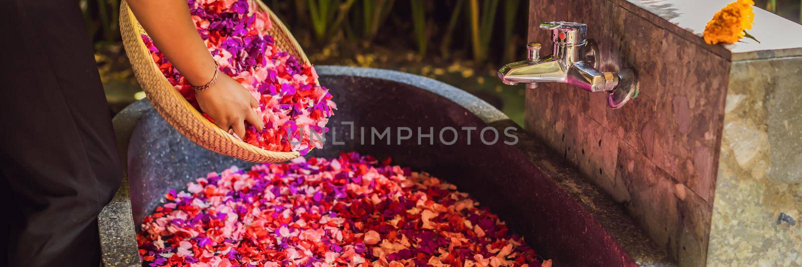 Spa petals in bowl with tropical flowers, spa pedicure treatment. BANNER, LONG FORMAT