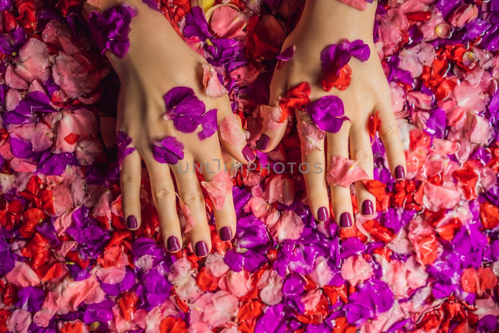 Attractive Young woman in bath with petals of tropical flowers and aroma oils. Spa treatments for skin rejuvenation. Alluring woman in Spa salon. Girl relaxing in bathtub with flower petals. Luxury.