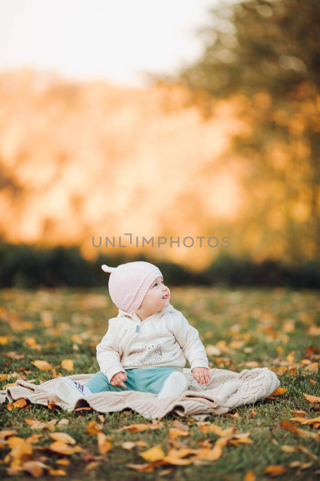A little girl child in the autumn park smiles, spends time. Beautiful autumn background. by StudioLucky
