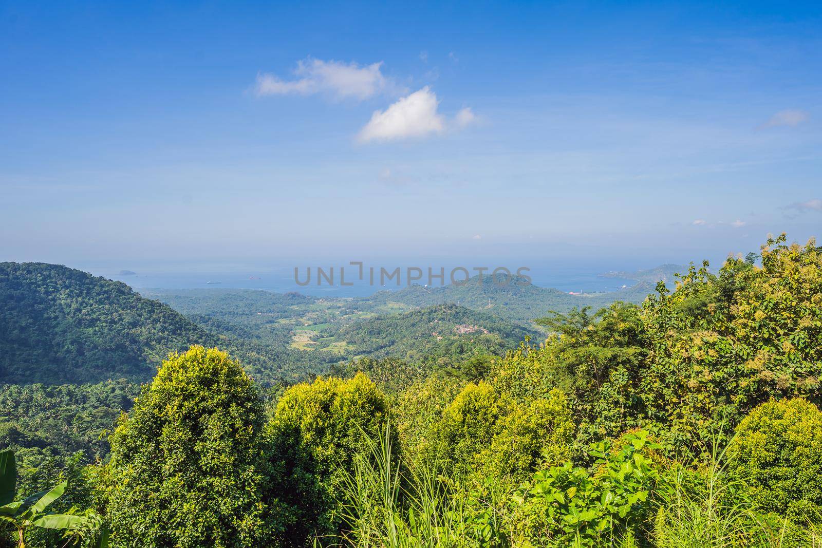 One of the main popular attractions of tropical island Bali visited daily by hundreds of tourists from around the world for look amazing scenic top view, two lakes Batur and Batur volcano Indonesia.