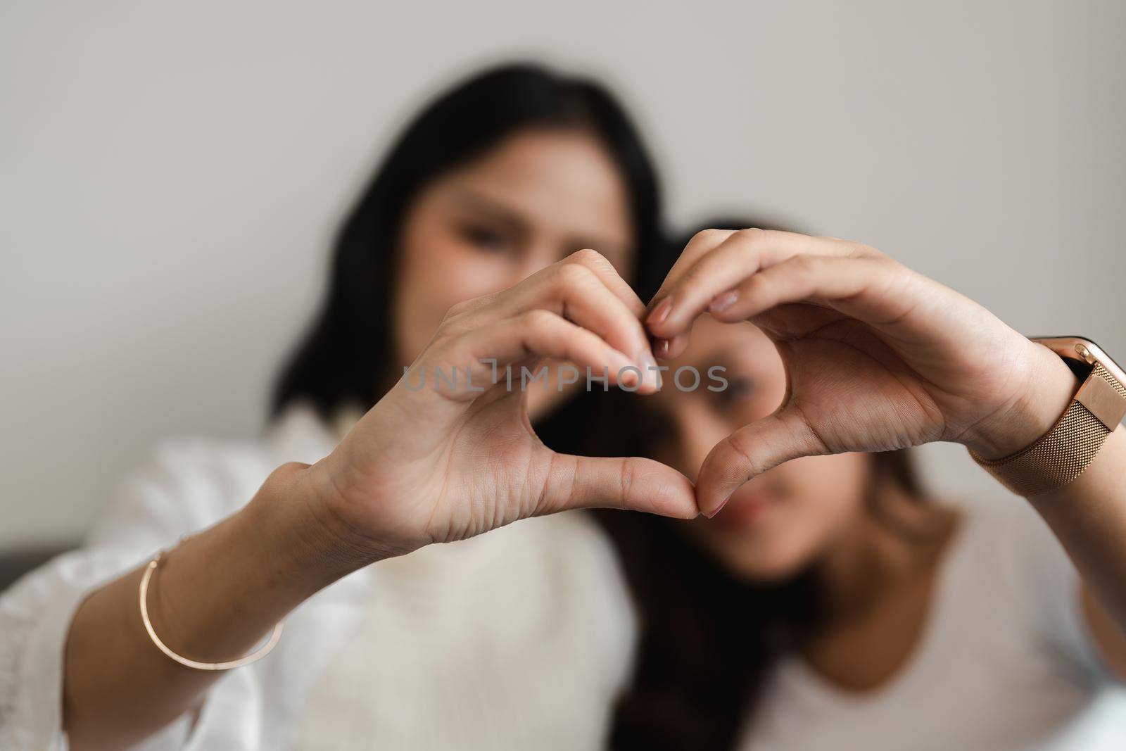 Lesbian lifestyle girlfriends doing heart shape symbol with hands.
