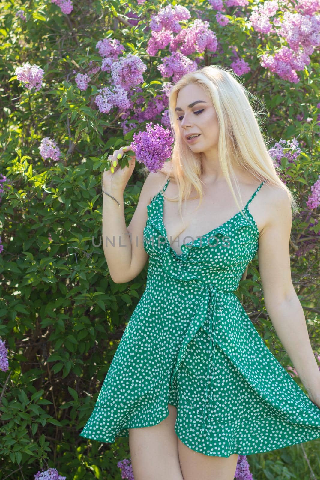 Fashionable girl model near a lilac bush. Spring flowers and beautiful blonde woman. Model appearance. Soft focus