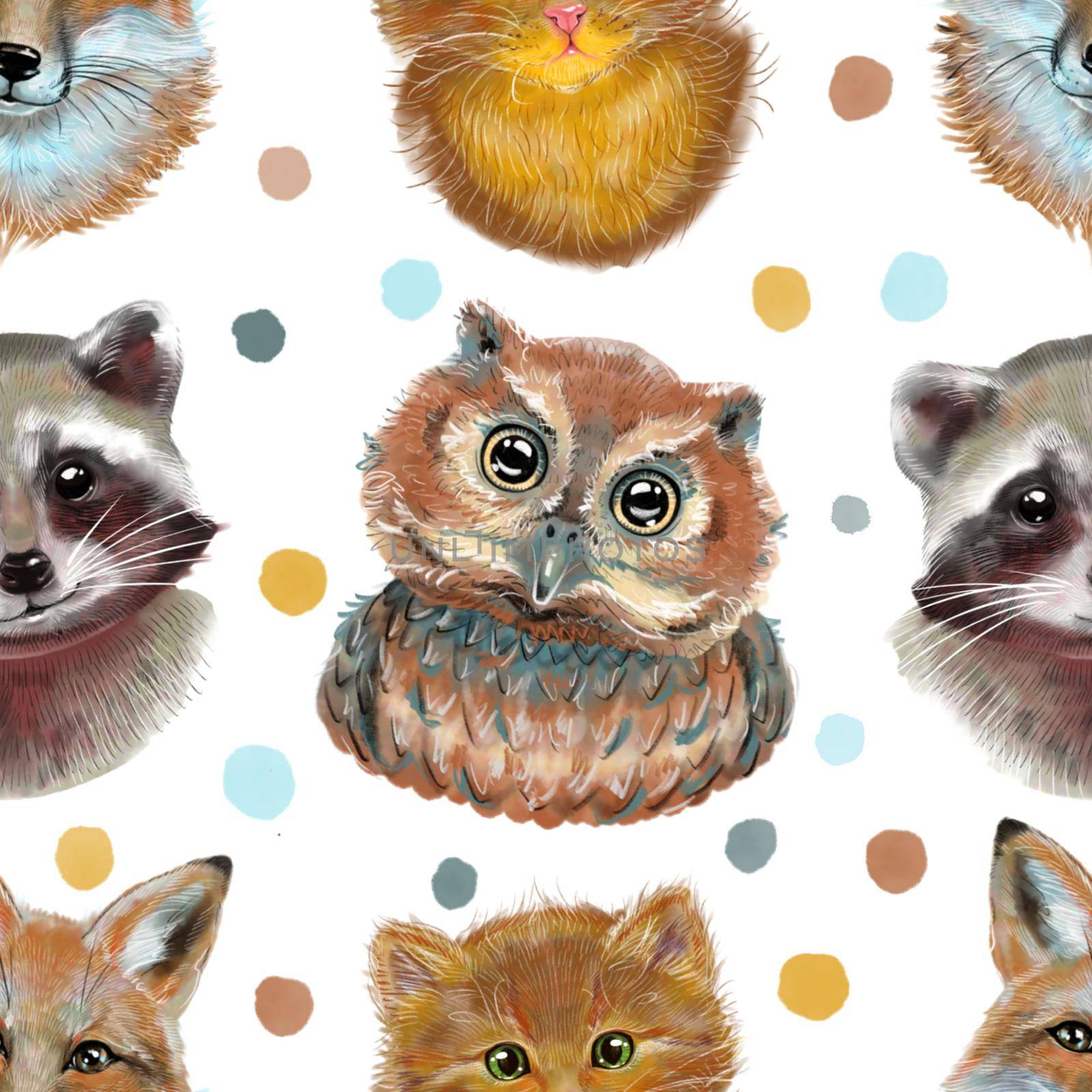 Seamless pattern. Cute fluffy animals kitten raccoon and owl. by Manka