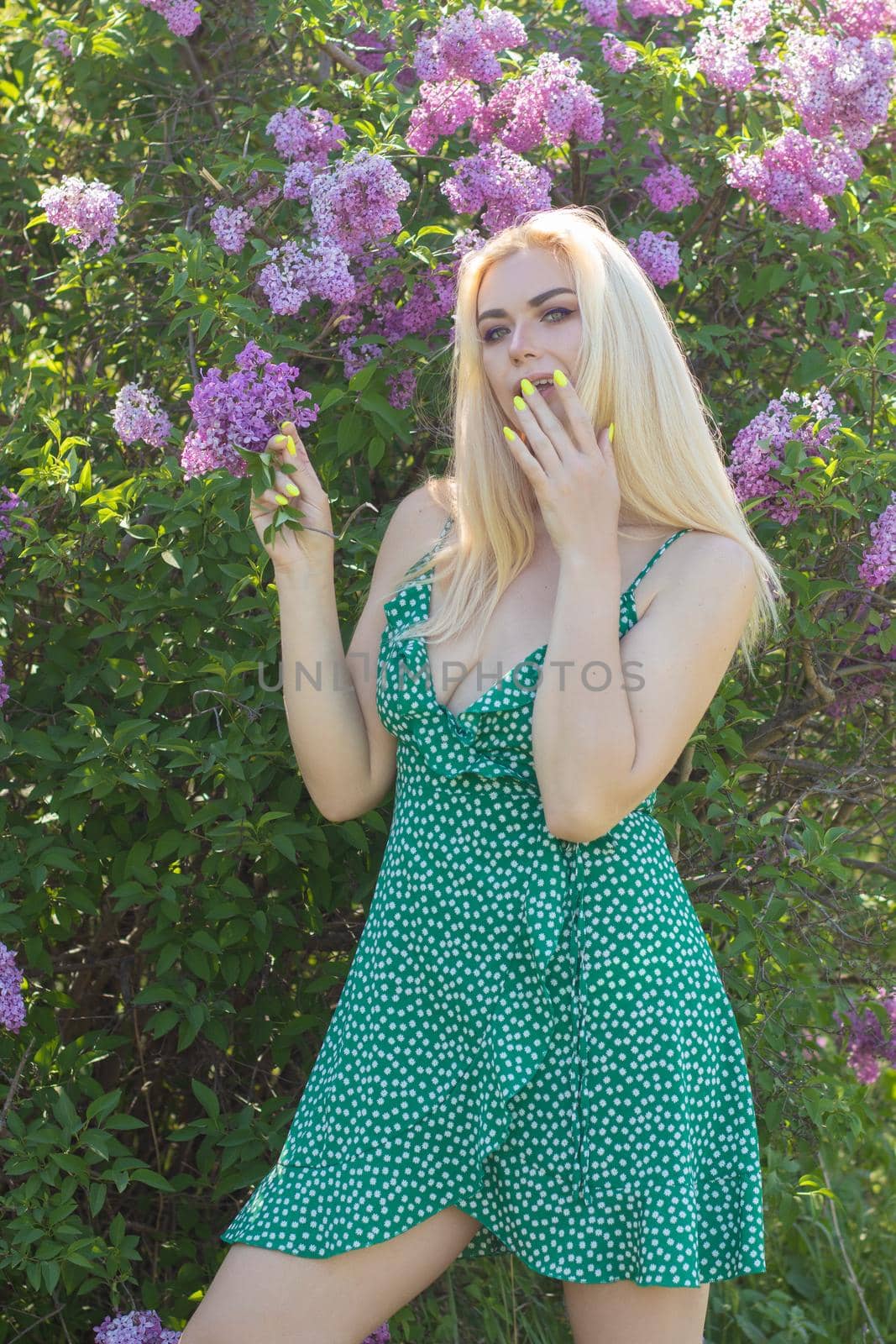 Fashionable girl model near a lilac bush. Spring flowers and beautiful blonde woman. Model appearance. Soft focus