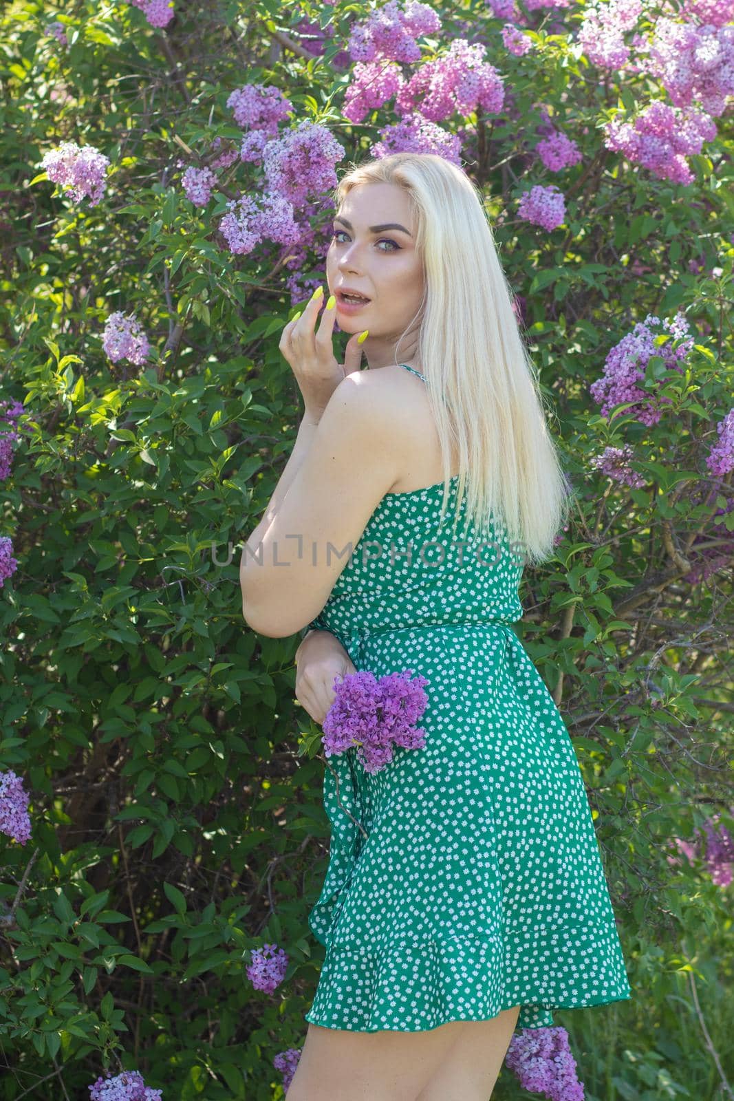 Fashionable girl model near a lilac bush. Spring flowers and beautiful blonde woman. Model appearance. Soft focus