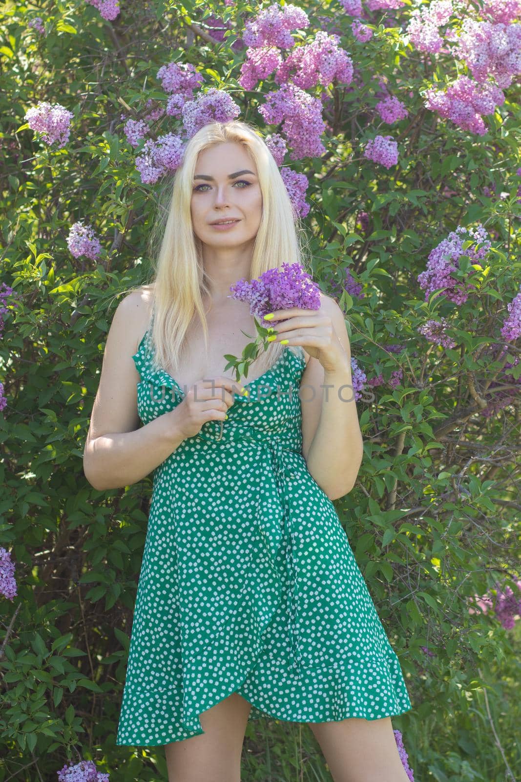 Fashionable girl model near a lilac bush. Spring flowers and beautiful blonde woman. Model appearance. Soft focus