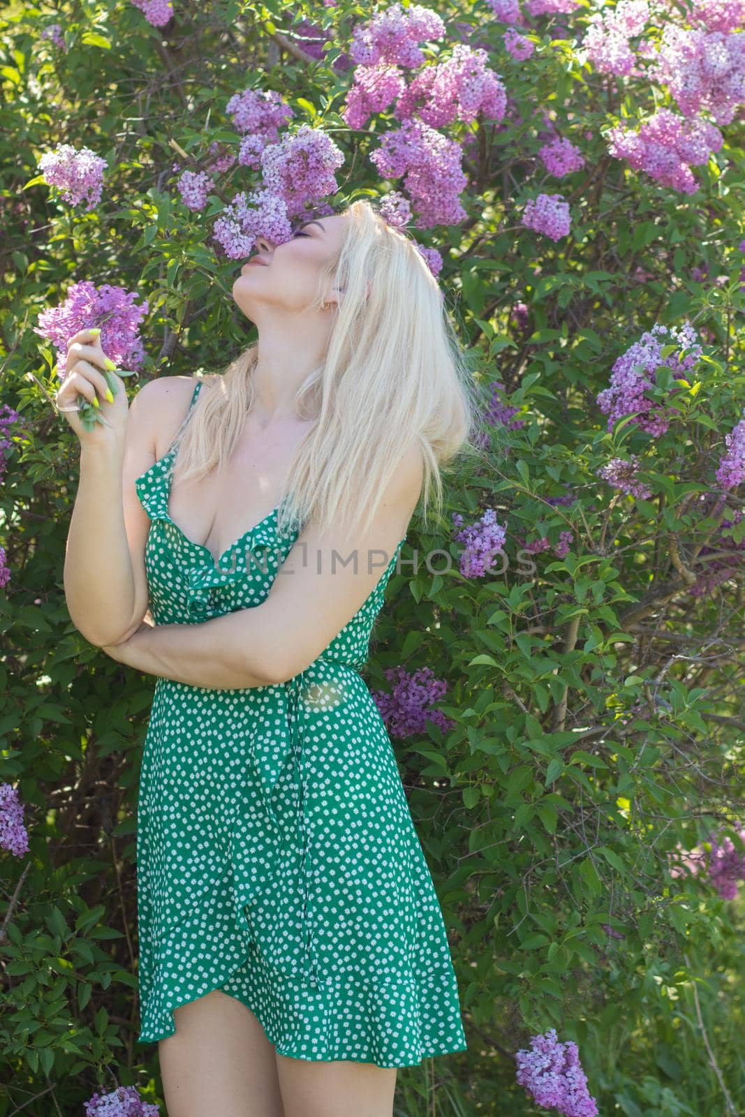 Fashionable girl model near a lilac bush. Spring flowers and beautiful blonde woman. Model appearance. Soft focus