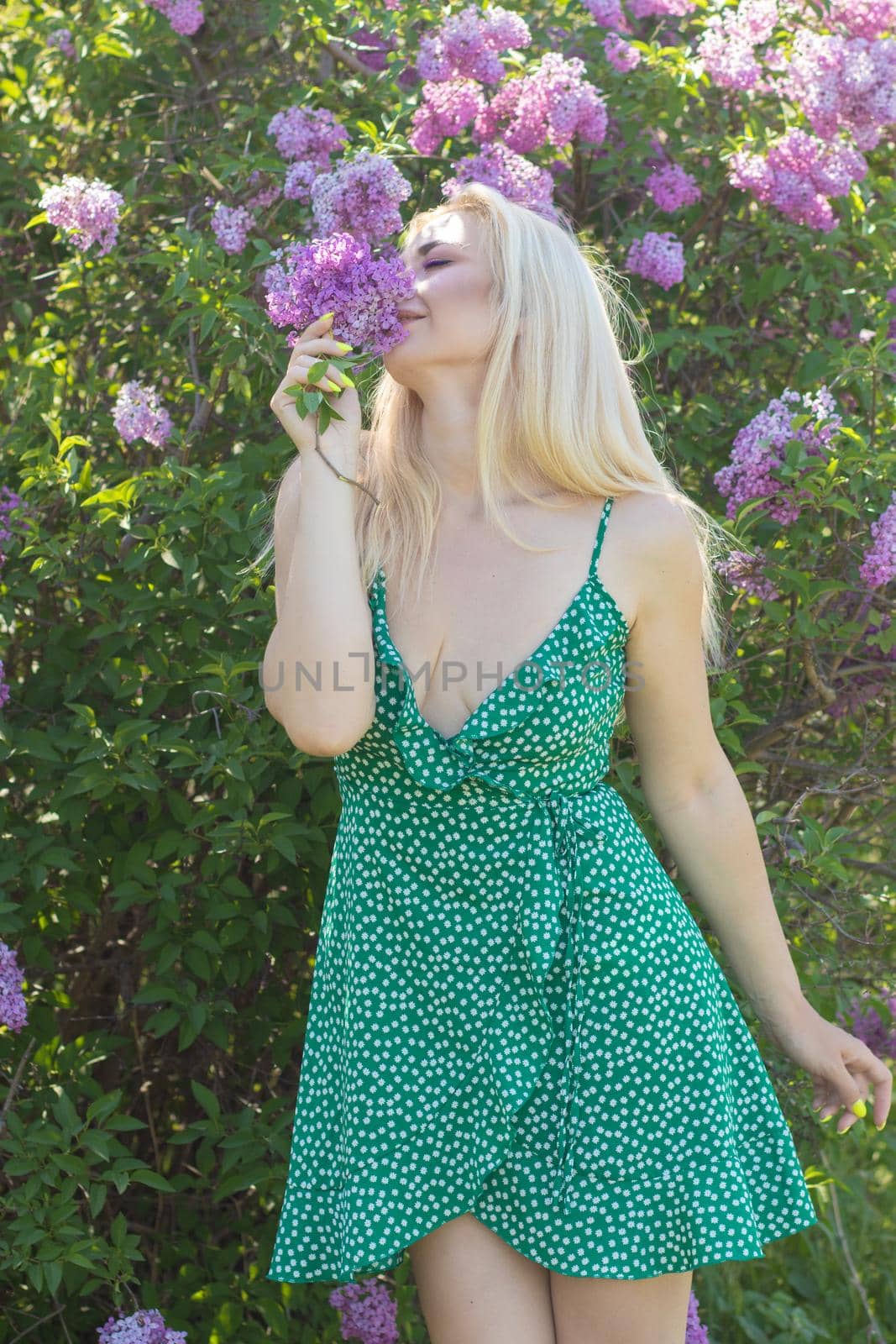 Fashionable girl model near a lilac bush. Spring flowers and beautiful blonde woman. Model appearance. Soft focus