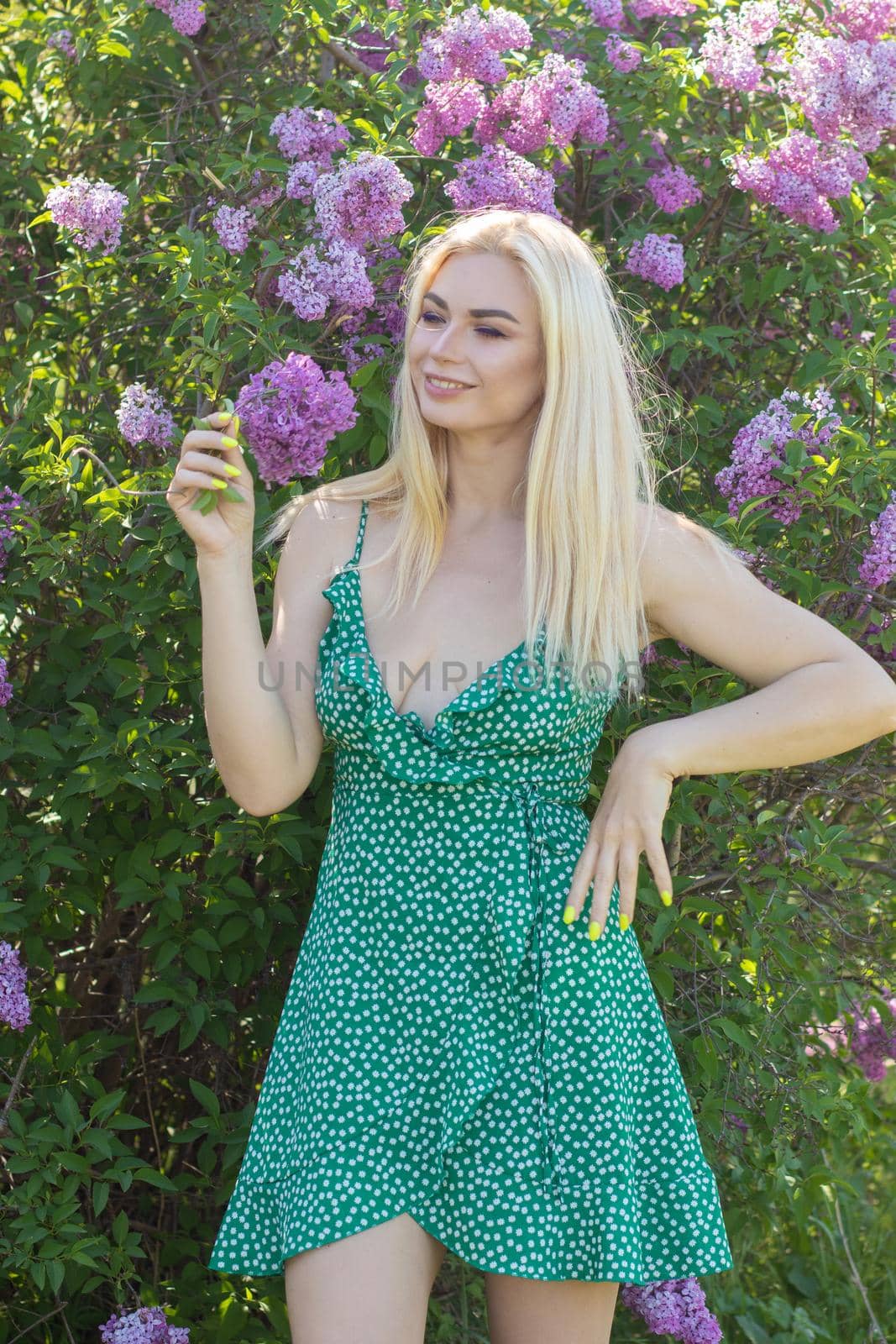 Fashionable girl model near a lilac bush. Spring flowers and beautiful blonde woman. Model appearance. Soft focus