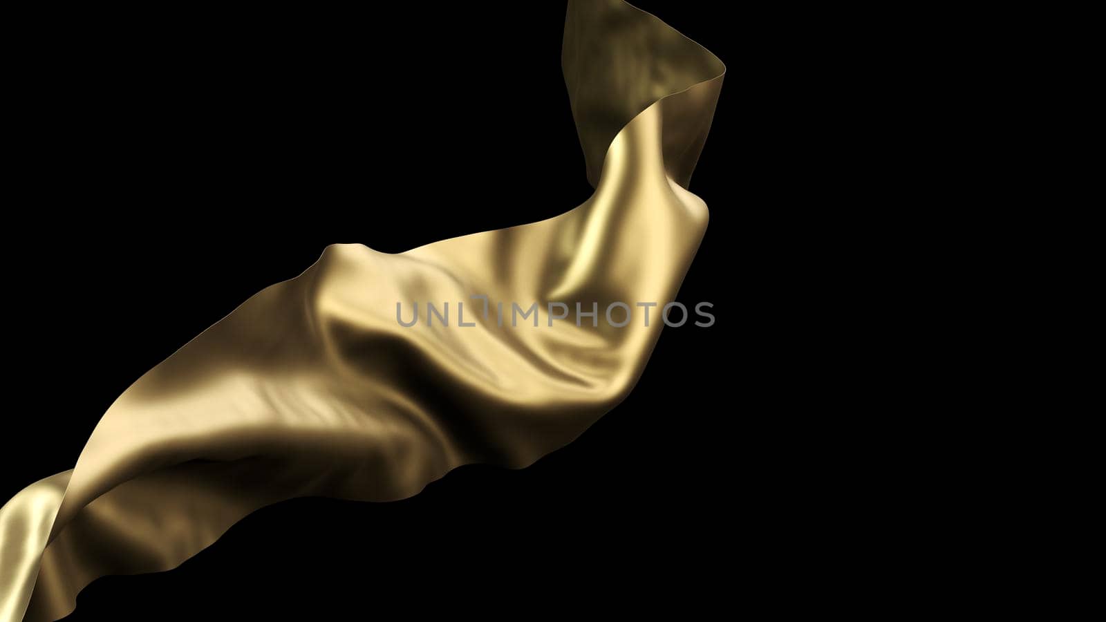 Golden cloth piece of blowing fabric wave elegant textiles. 3d rendered on dark background.