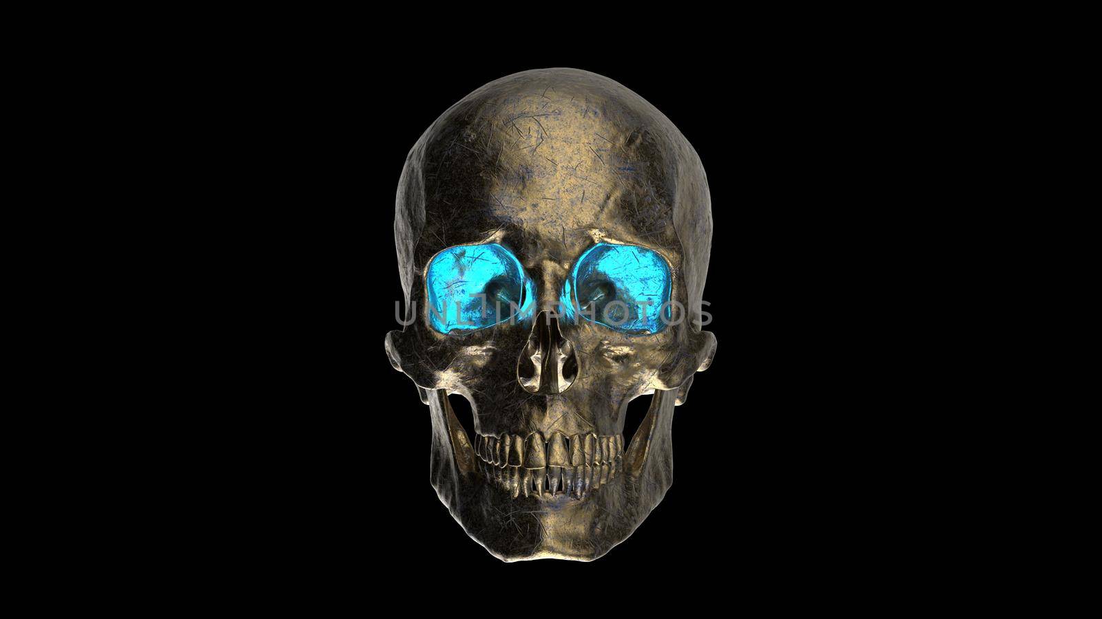 Old Bronze Human Skull with blue eyes and detailed reflections 3d render