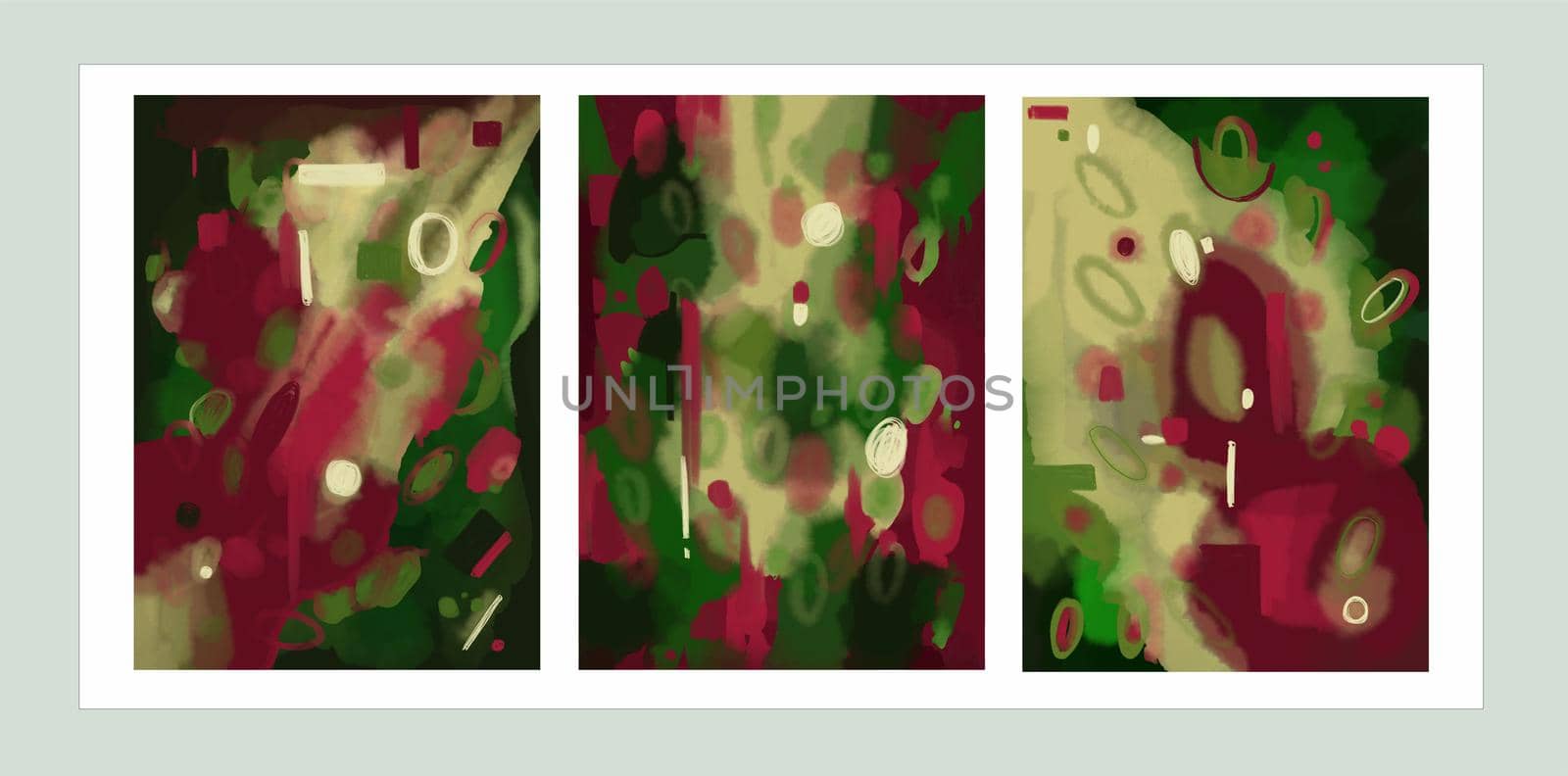A set of paintings. Art, oil painting, modern abstraction. The brush strokes are green and pink, it looks like flowers. by Manka