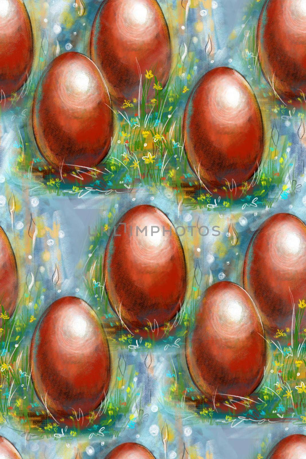Seamless pattern. Red Easter eggs on the lawn. Watercolor drawing on the theme of Easter. Realistic.