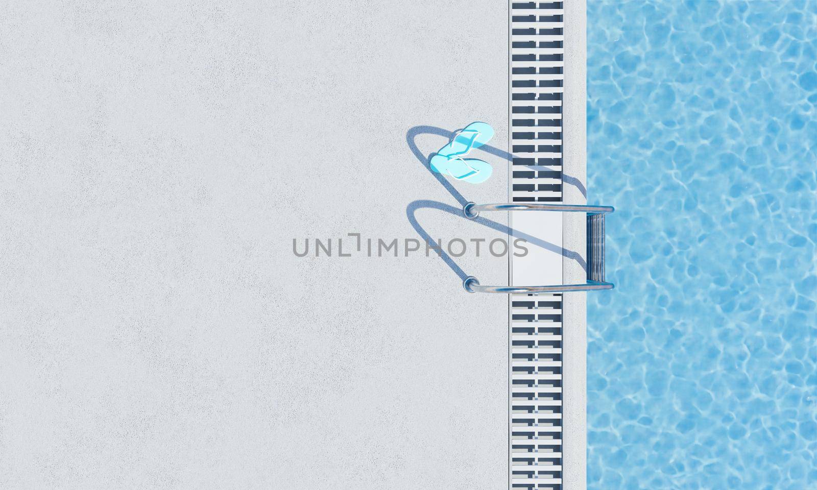 top view of a swimming pool with stairs and flip flops next to them. summer vacation and relaxation concept. 3d rendering