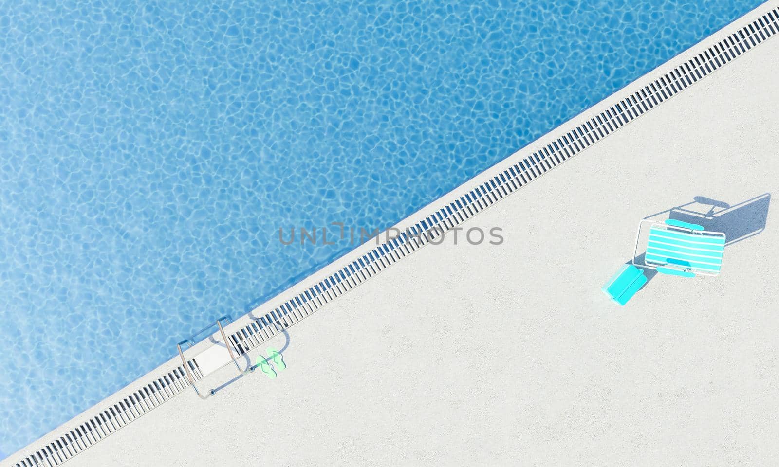 top view of a diagonal pool with chair and cooler. summer vacation and relaxation concept. 3d rendering