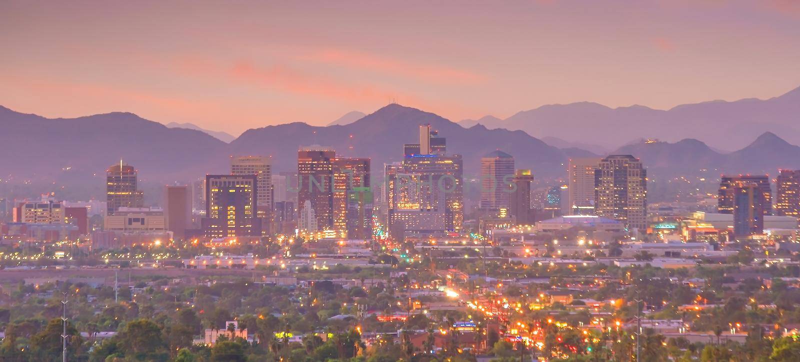 Phoenix city downtown skyline cityscape of Arizona in USA at sunset