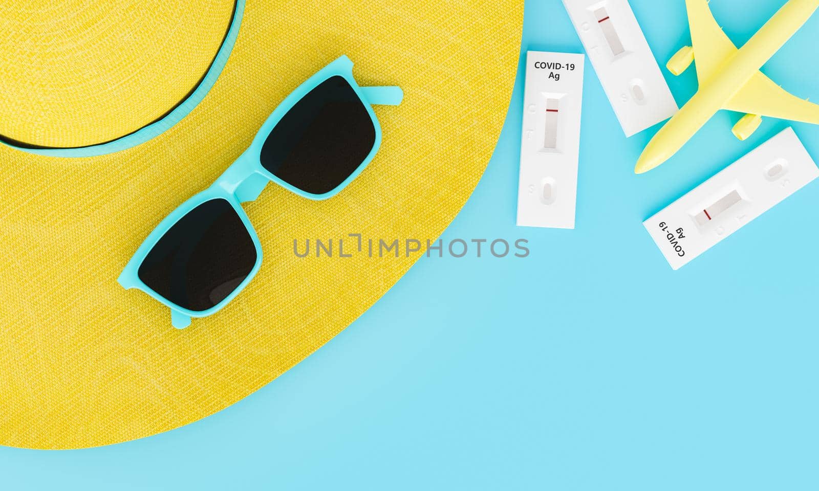 negative antigen test with hat and sunglasses in pandemic, coronavirus and travel vacation concept. 3d rendering