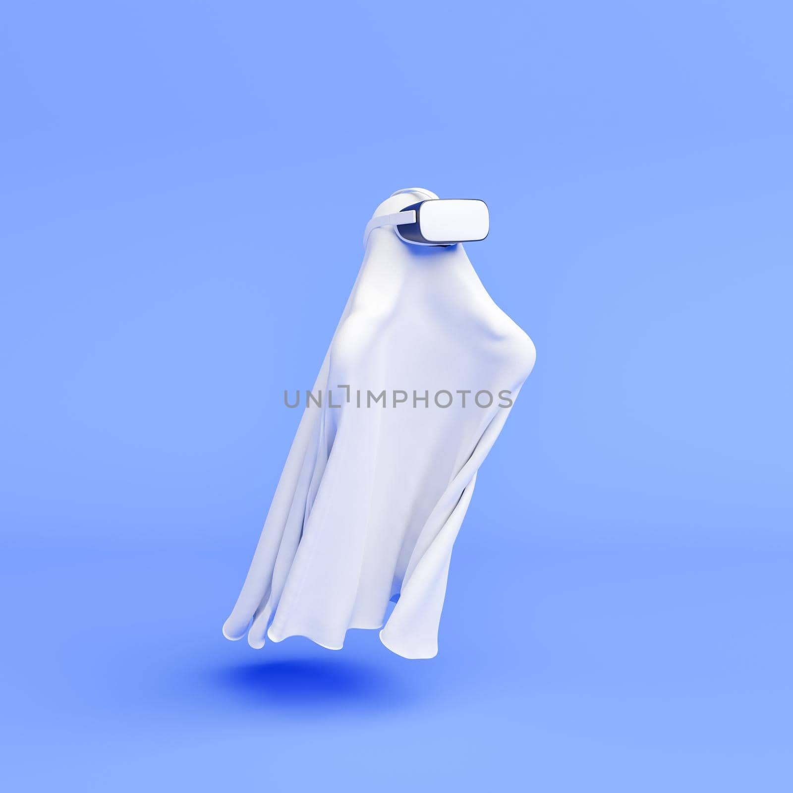 ghost with virtual reality glasses on minimalist blue background. halloween concept, technology and gaming. 3d rendering