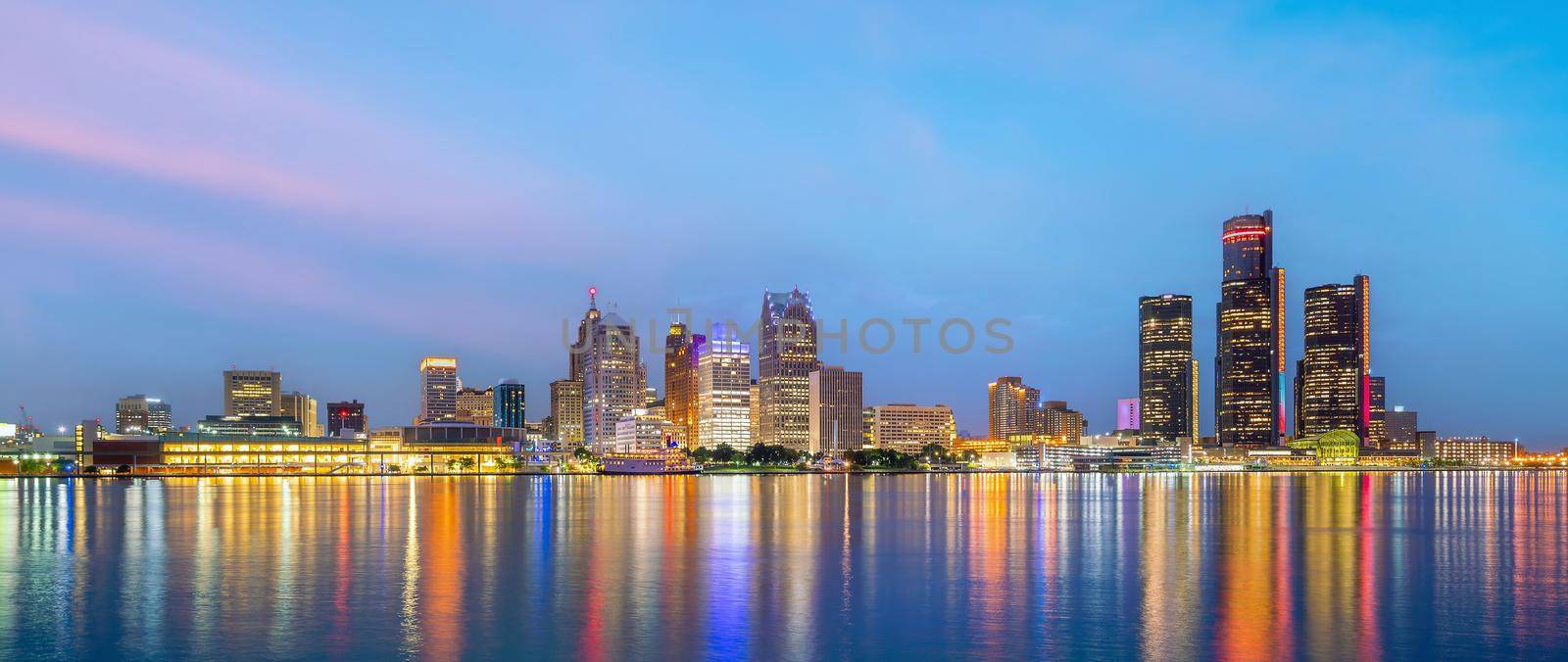Cityscape of Detroit skyline in Michigan, USA at sunset  by f11photo