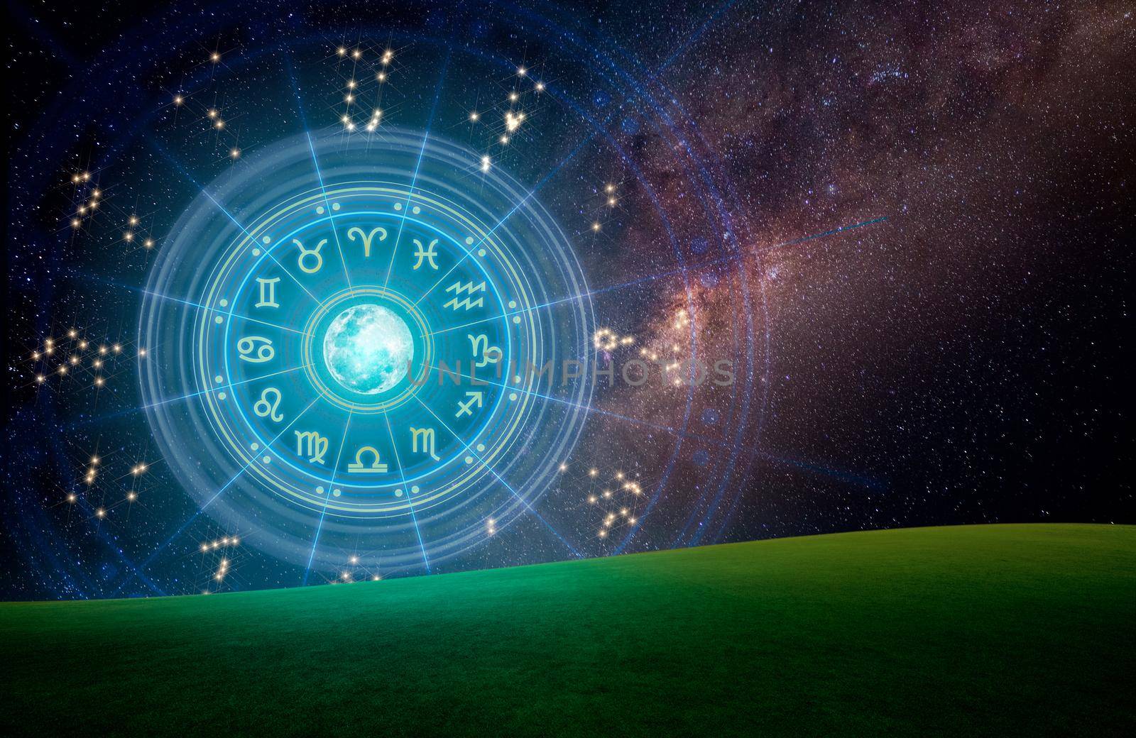 Astrological zodiac signs inside of horoscope circle. Astrology, knowledge of stars in the sky over the milky way and moon.