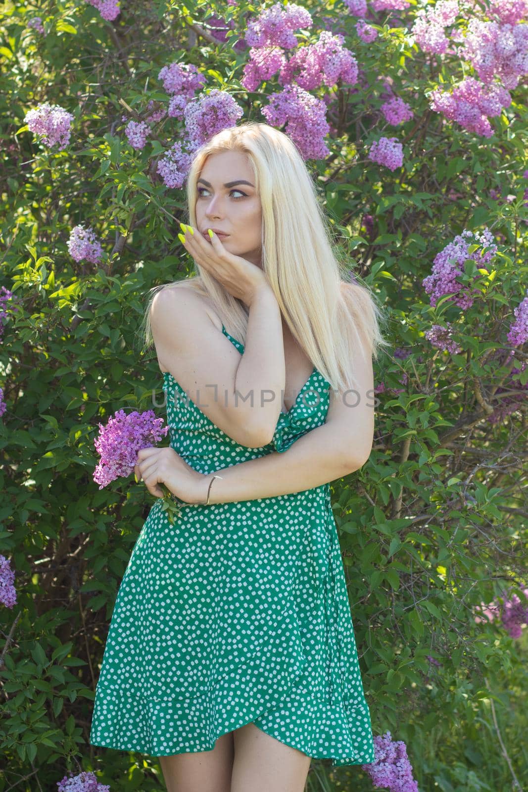 Fashionable girl model near a lilac bush. Spring flowers and beautiful blonde woman. Model appearance. Soft focus