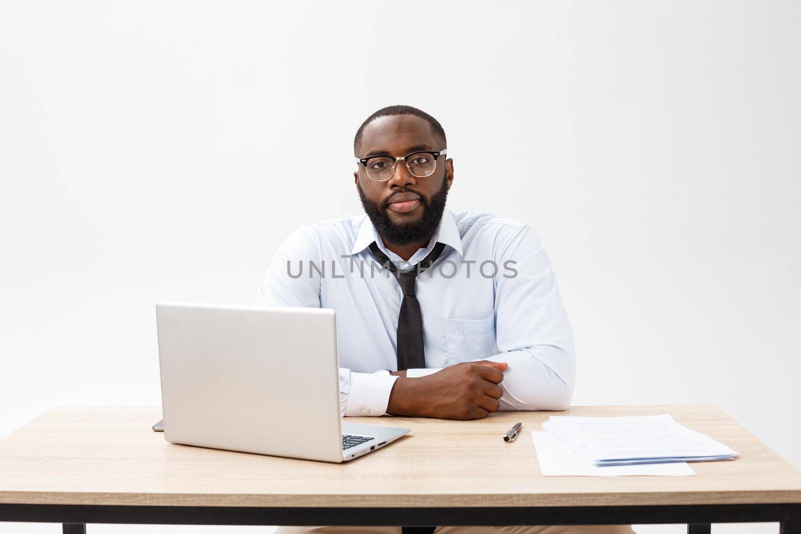 Headshot of successful smiling cheerful african american businessman executive stylish company leader.