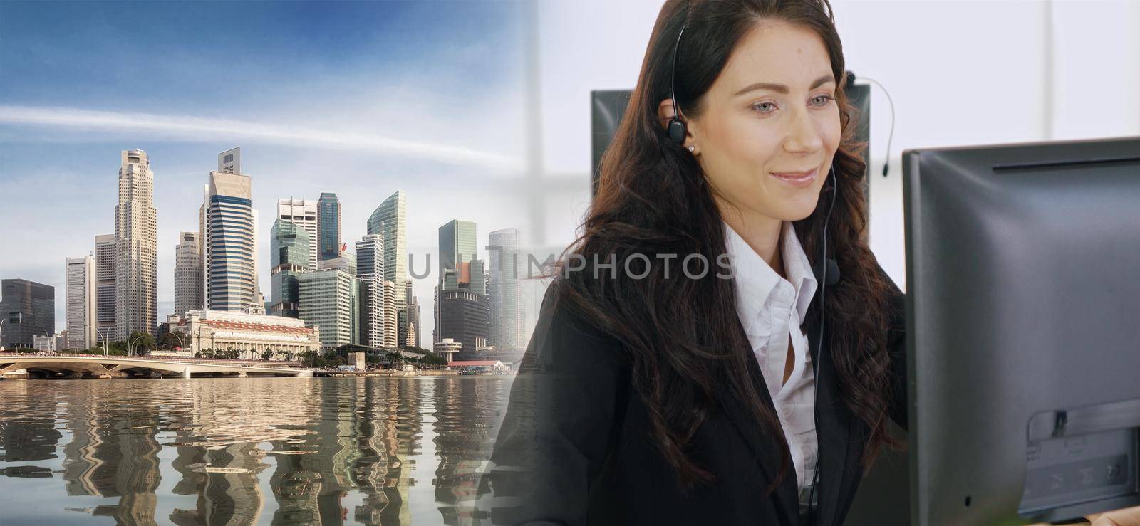 Business people wearing headset working in office broaden view by biancoblue