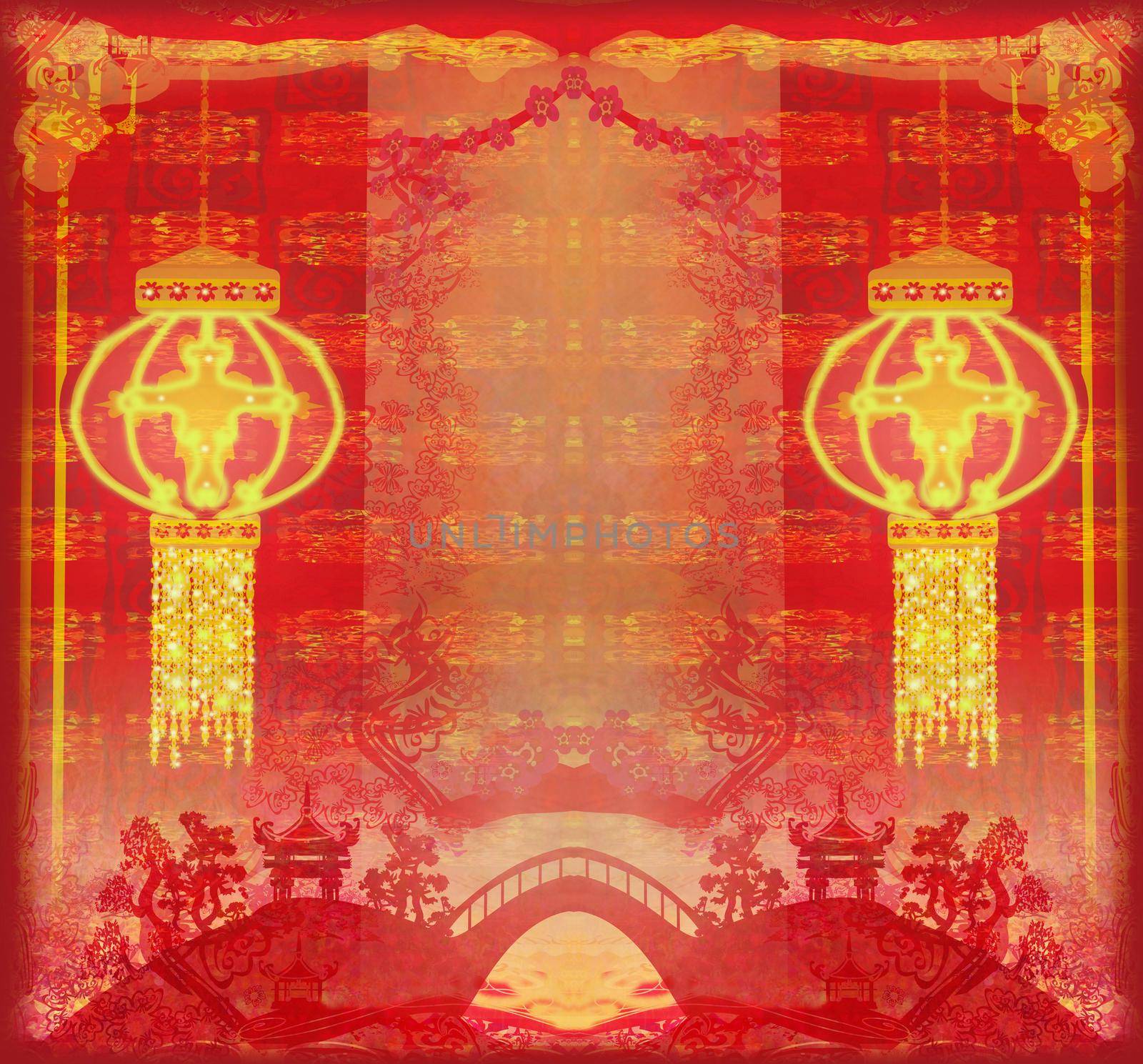 Chinese New Year card - Traditional lanterns and Asian buildings by JackyBrown