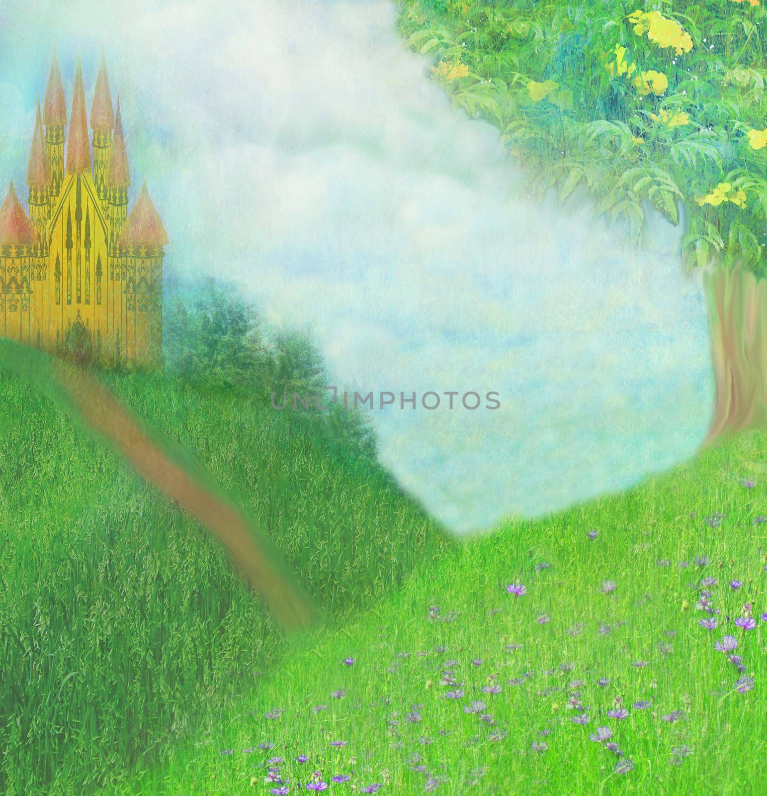 Fantasy meadow with a fairytale tower by JackyBrown