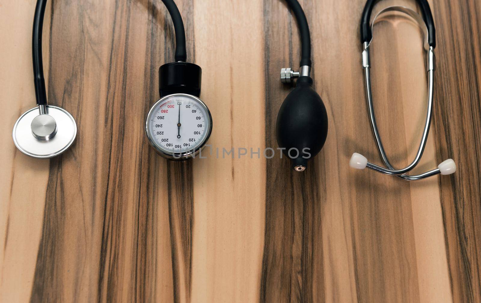 Cardiology. Tonometer and a manometer, stethoscope for diagnosis to measure of blood pressure and pulse.